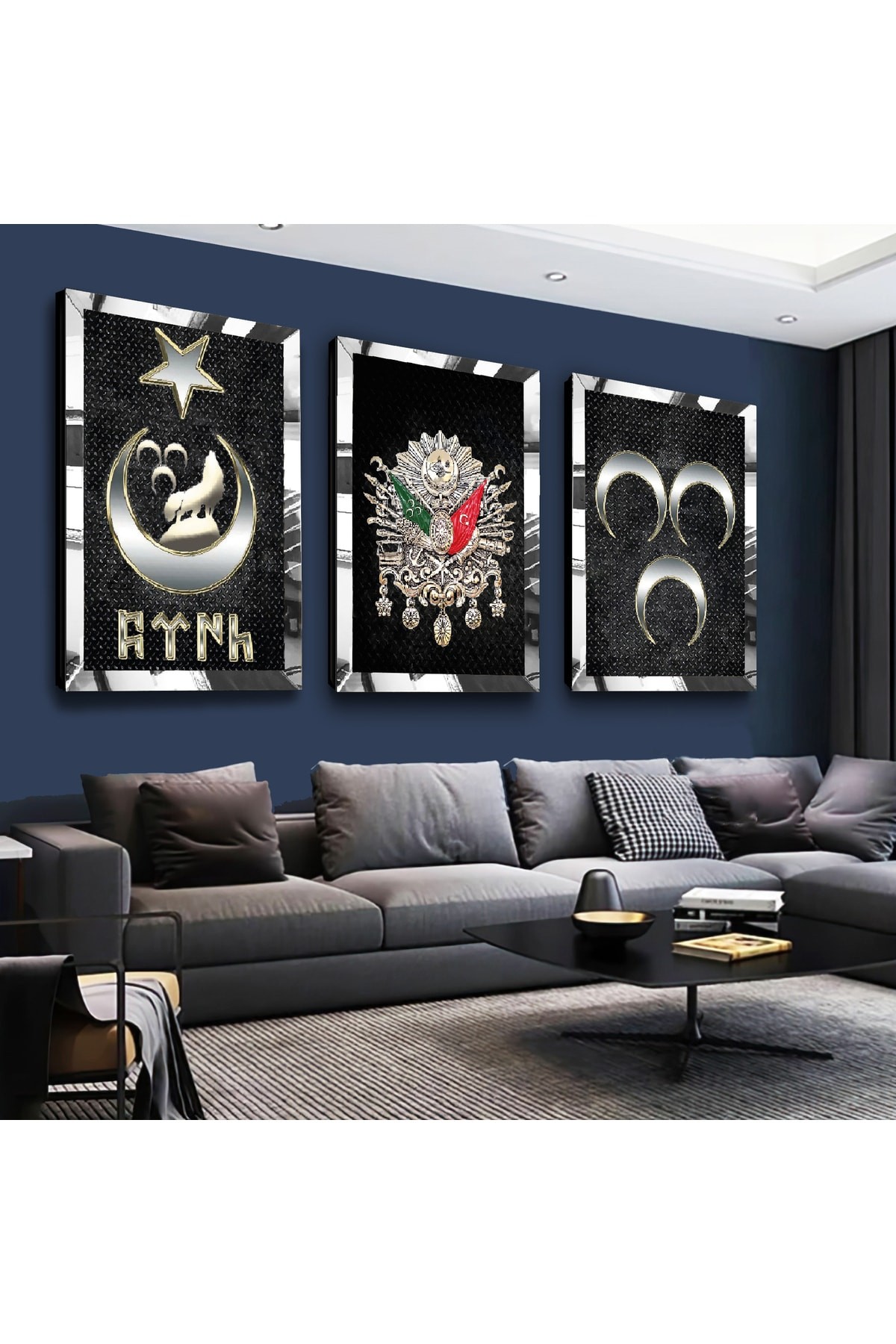 Osmanlı Tuğrası Ve Türklük Gold Pleksi Kenar 3'Lü Solmaz MDF Tablo Seti