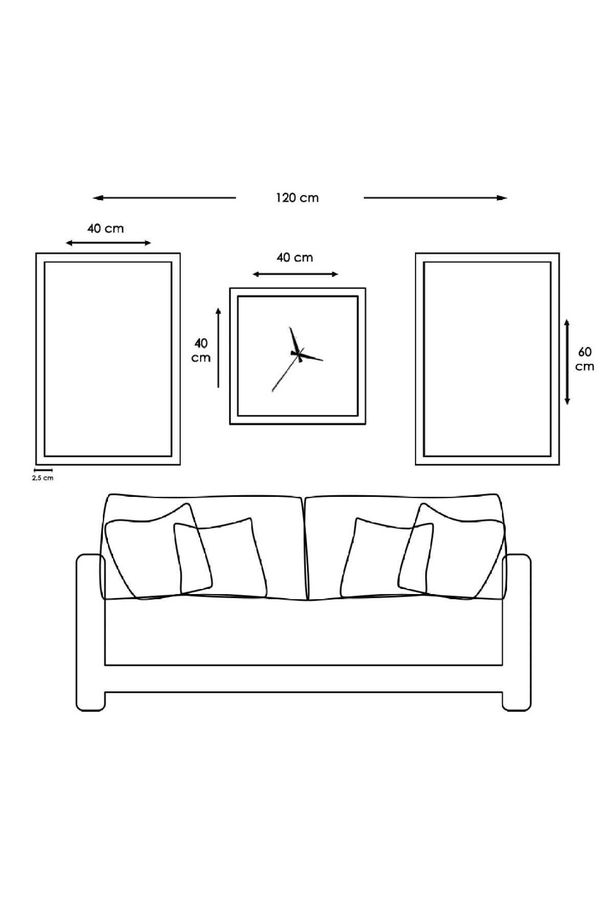 Minimalist Gümüş Pleksi Kenar 3'Lü Solmaz MDF Tablo Saat Seti
