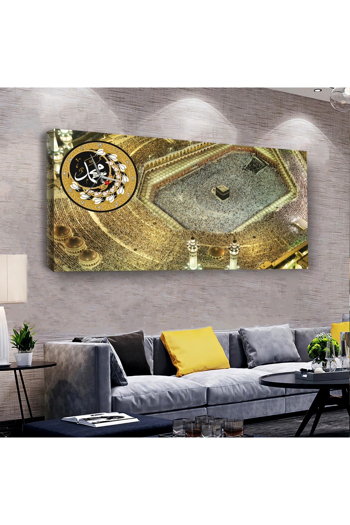 İlahi Tablo Kabe Dini saatliAhşap Şase Dijital Baskı Kanvas Tablo 100X50Cm