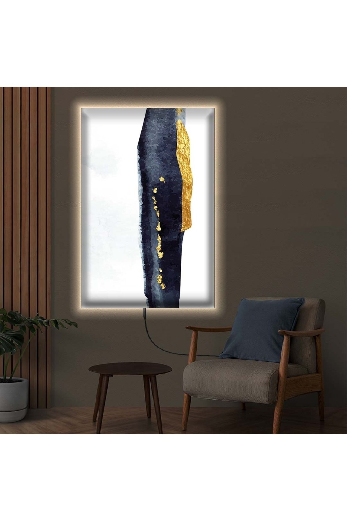 Minimal Ofis Tablosu Ledli Soyut Desen Ahşap Şase Dijital Baskı Kanvas Tablo 90X60Cm