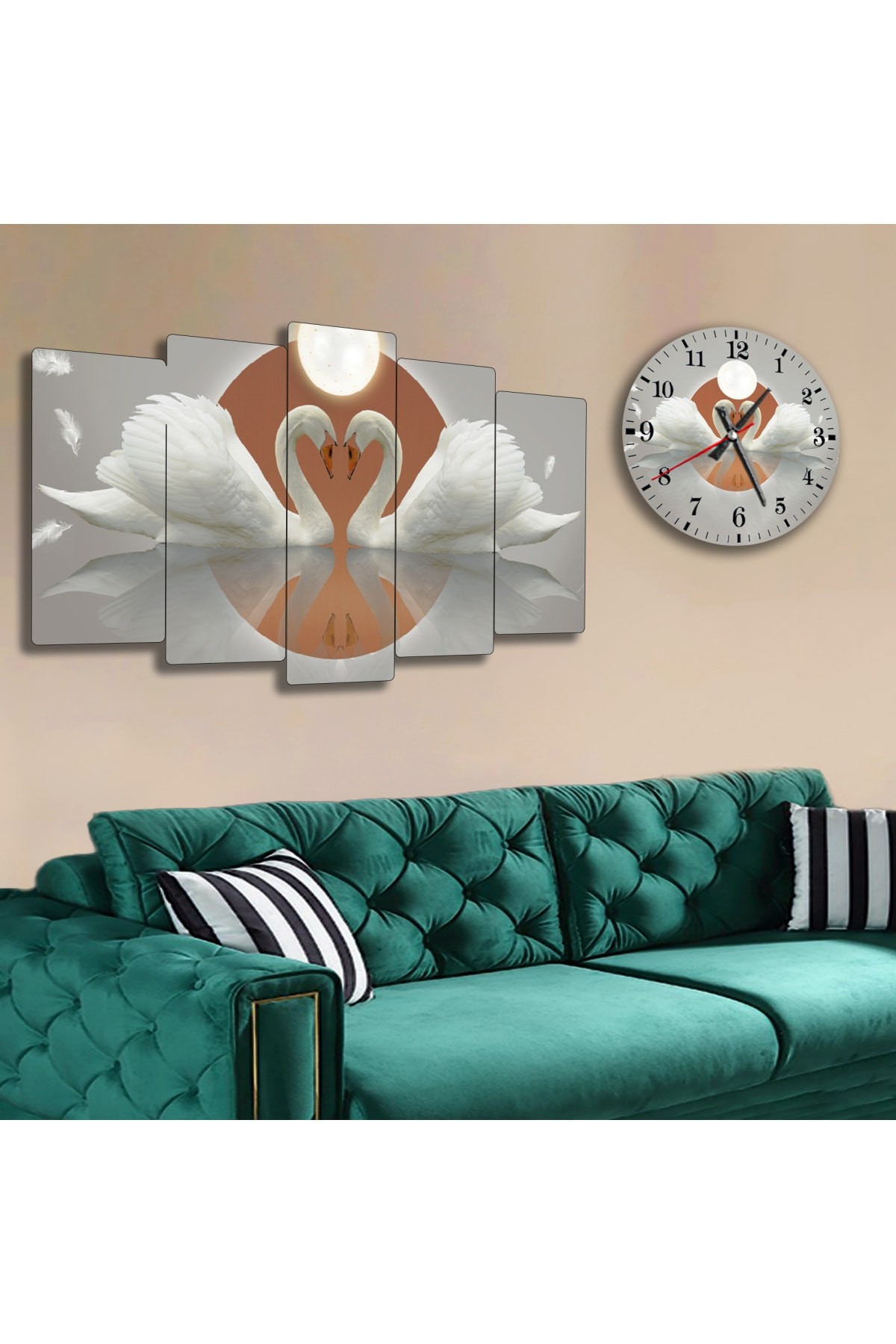 Oturma Odası Tablosu Aşk Kuğuları Solmaz MDF Tablo Ve Saat Kombin
