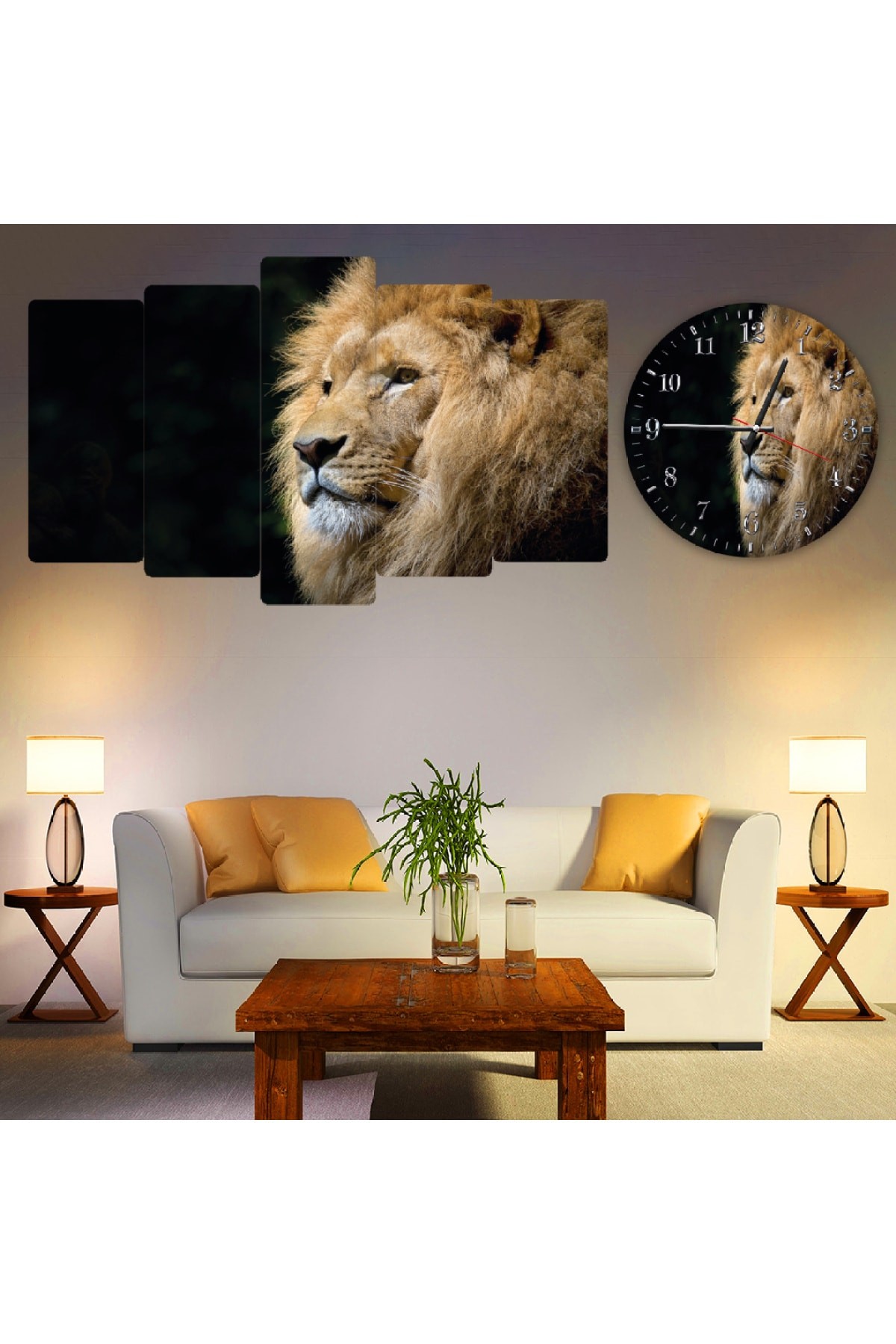 Oturma Odası Tablosu 5 Parça Aslan Solmaz MDF Tablo Ve Saat Kombin