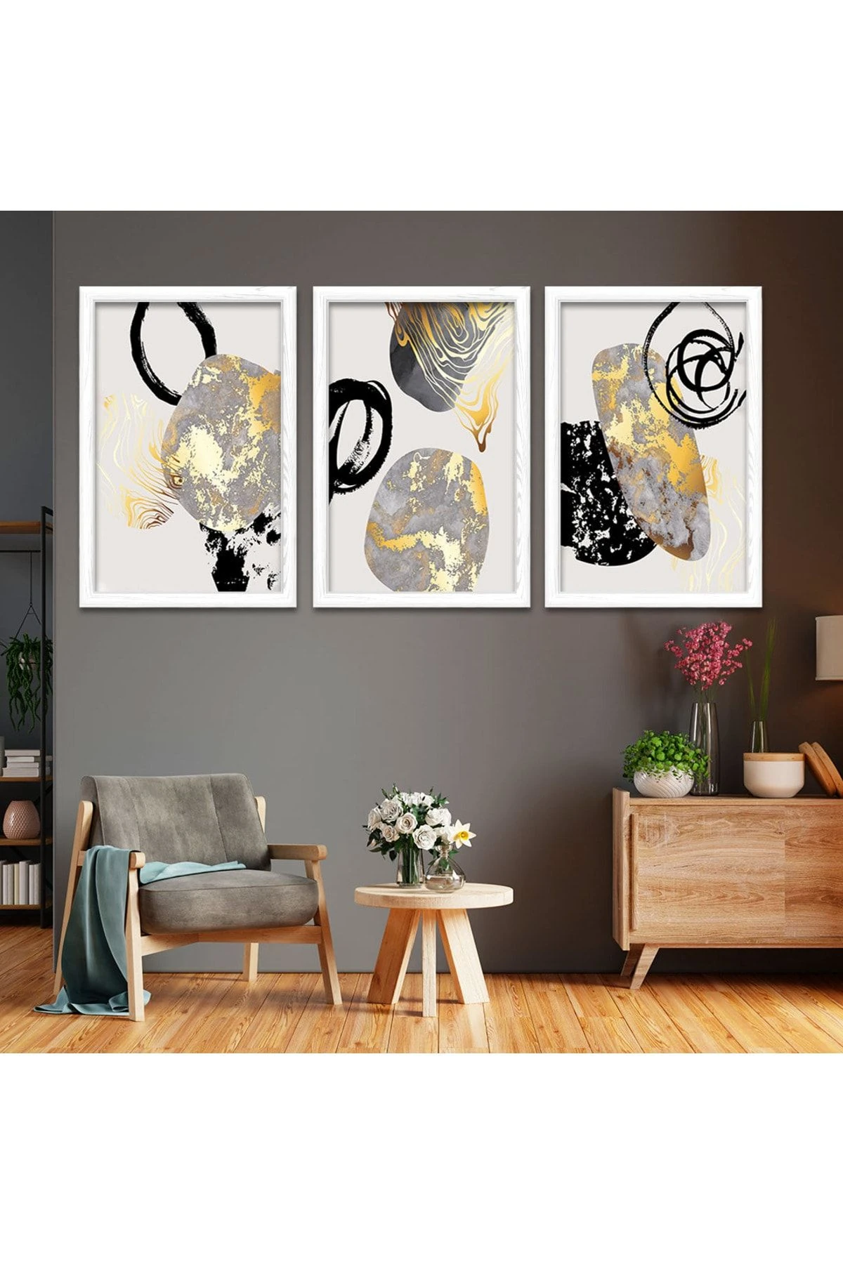 Beyaz Ahşap Çerçeveli Kolaj Çizim Modern Tablo