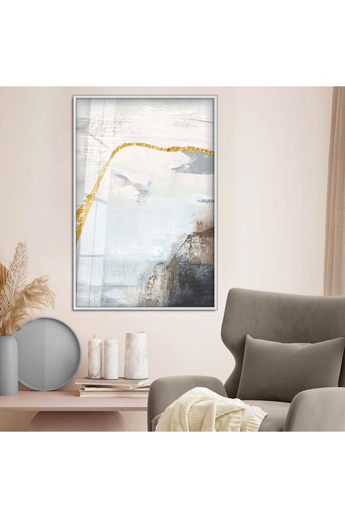 Gold Metal Çerçeveli Modern Çizim Soyut Tema Kırılmaz Cam Tablo