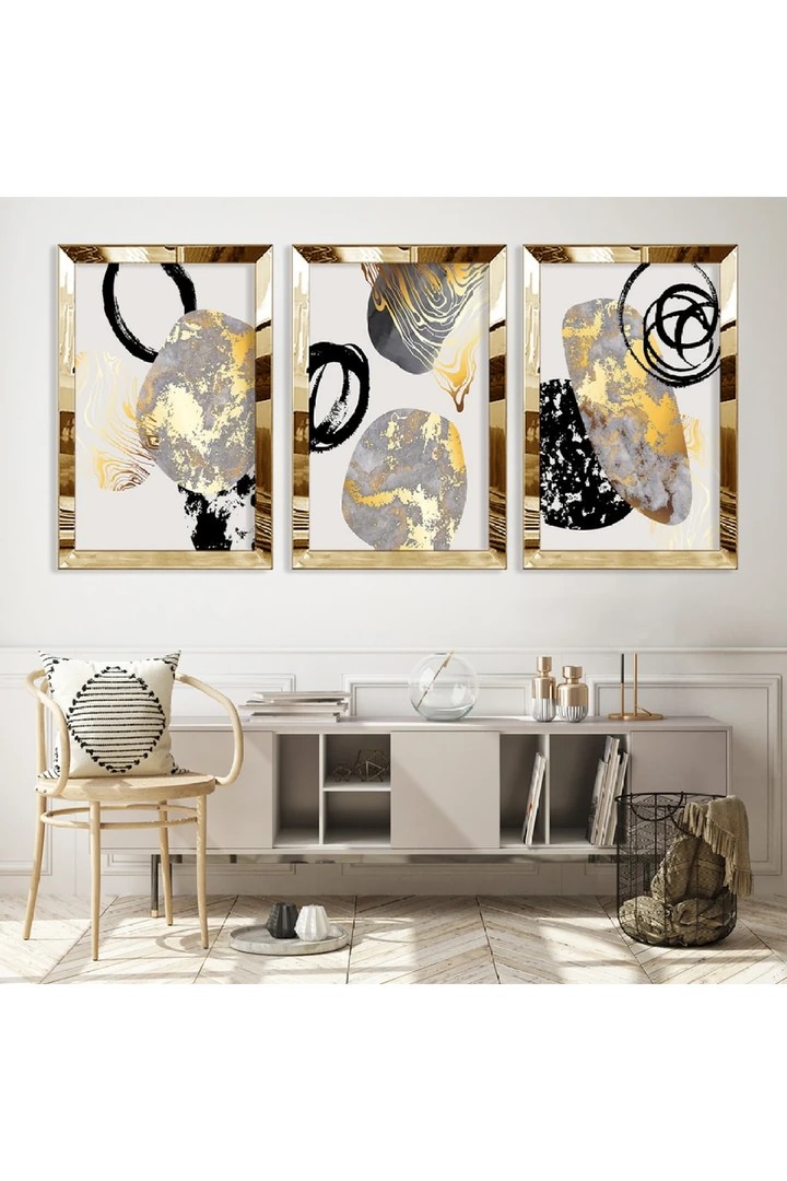 Huzur Soyut Desen Gold Pleksi Kenar 3'Lü Solmaz MDF Tablo
