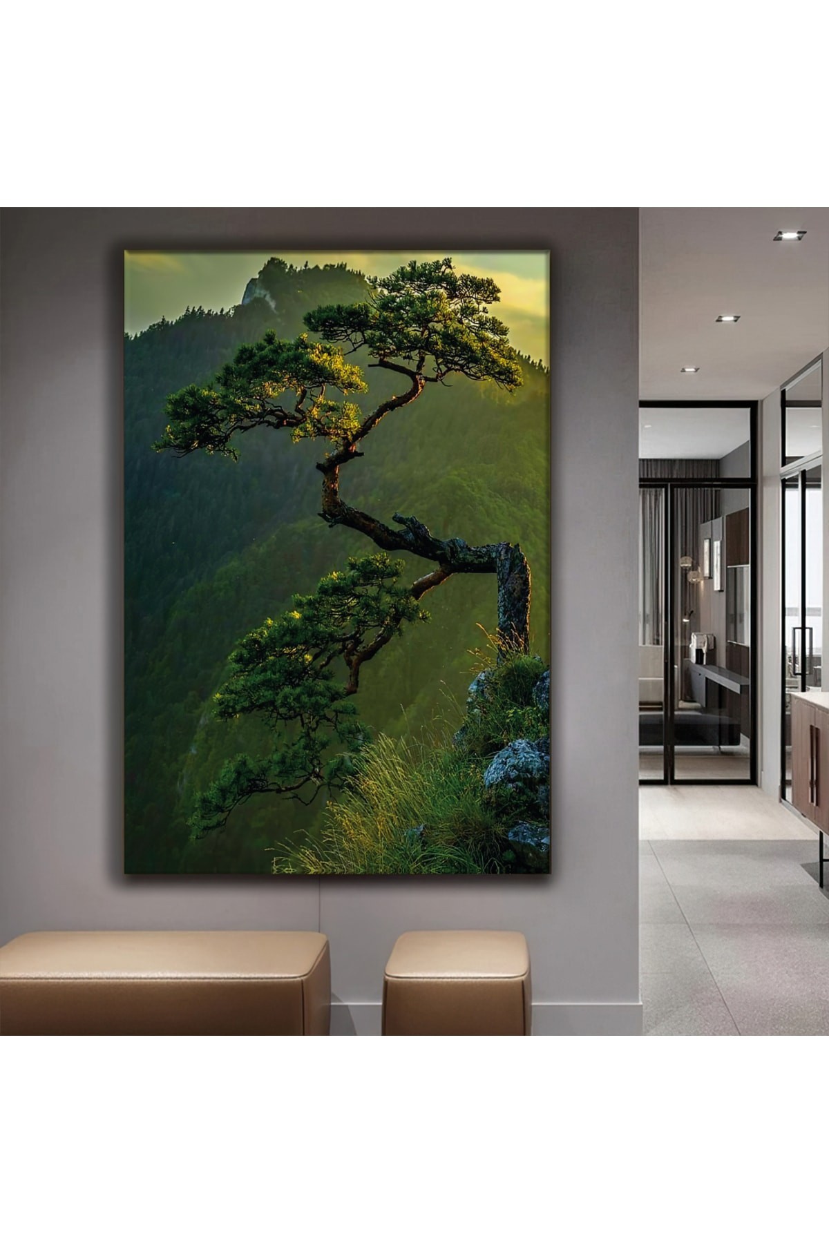 Minimalist Ağaç Manzara Ahşap Şase Dijital Baskı Kanvas Tablo