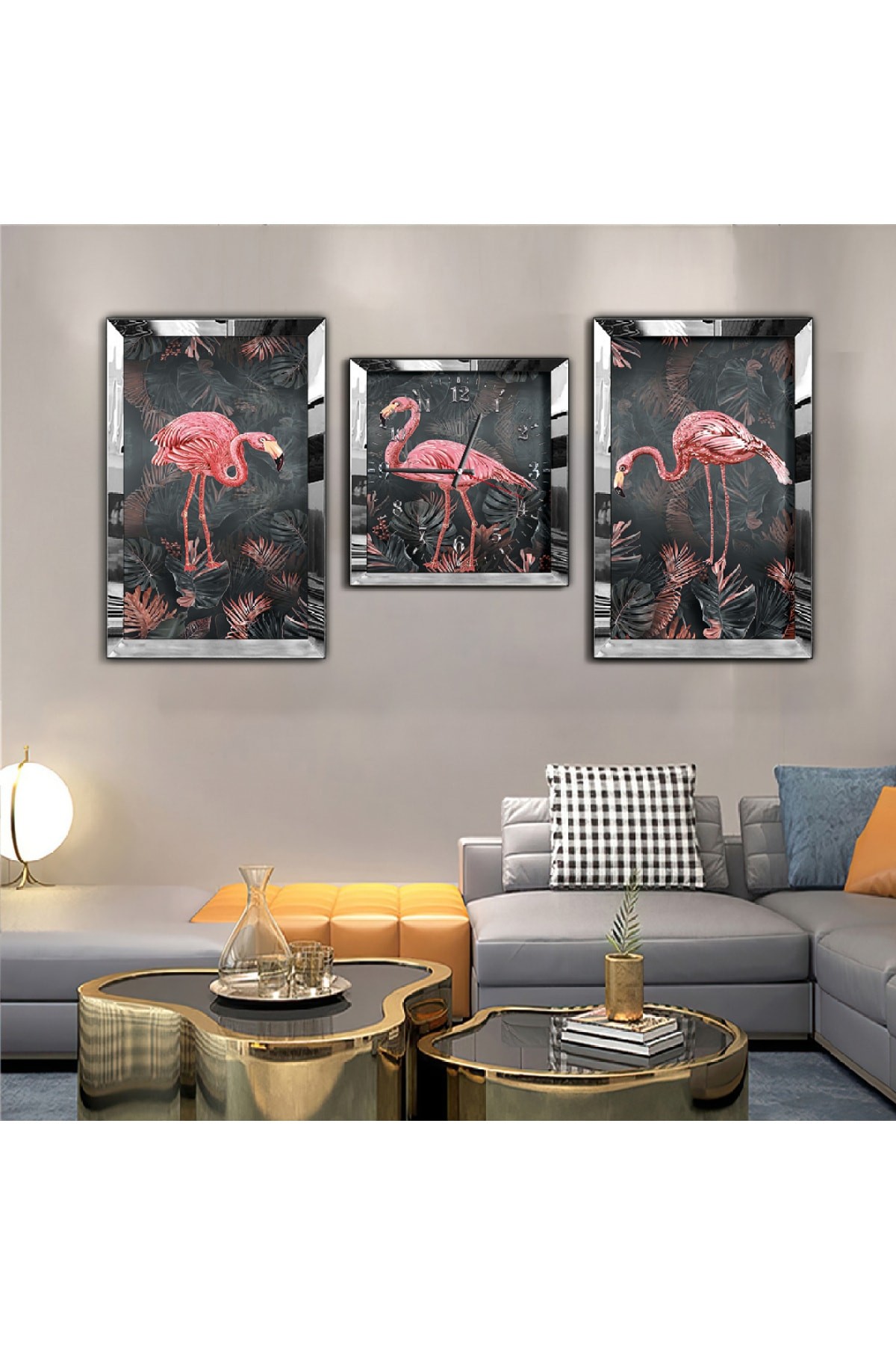 Flamingo Aynalı Gold Pleksi Çerçeveli Solmaz MDF Tablo Ve Saat Seti