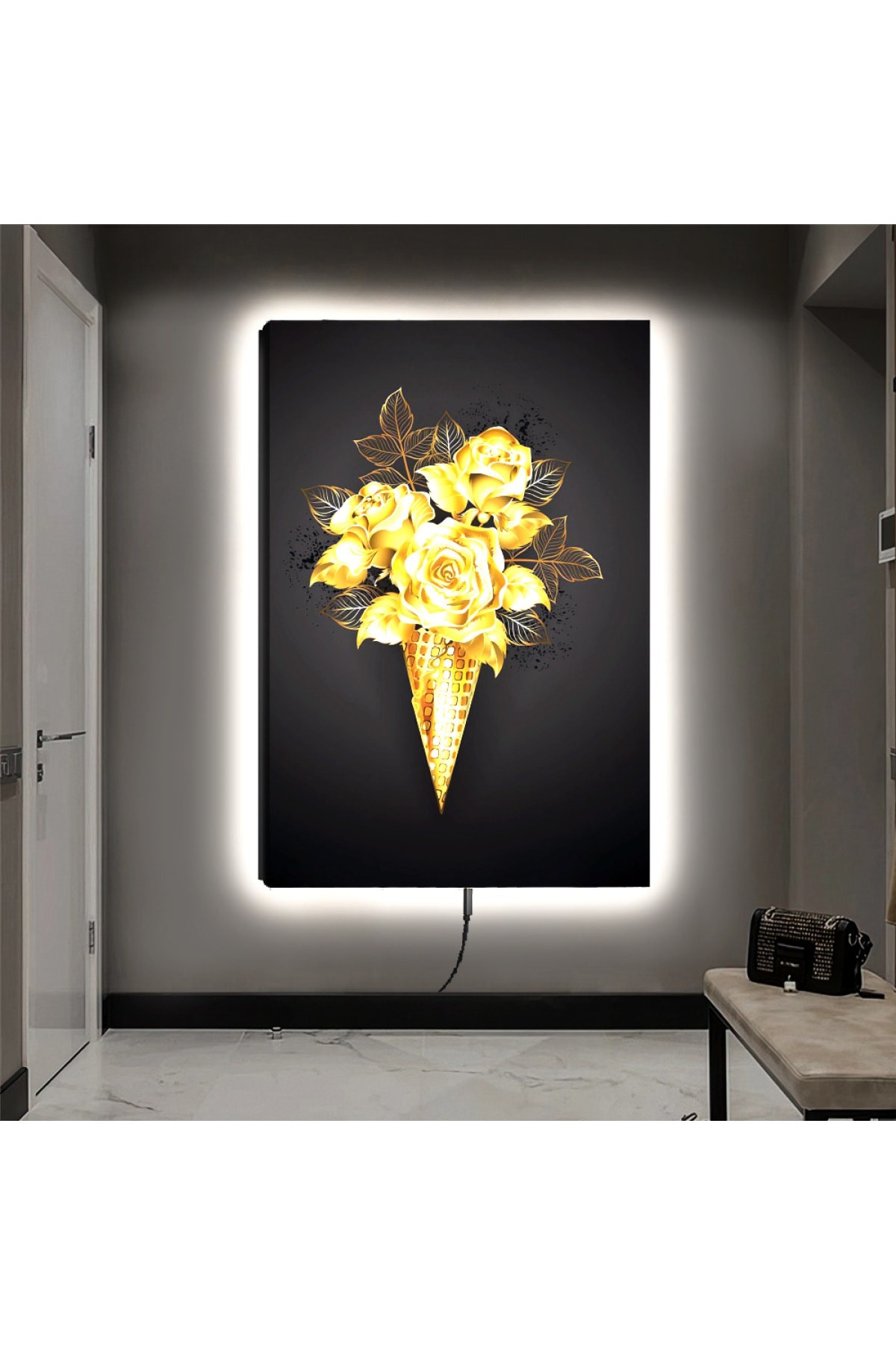 Minimalist Ledli Çiçek Ahşap Şase Dijital Baskı Kanvas Tablo 90X60Cm