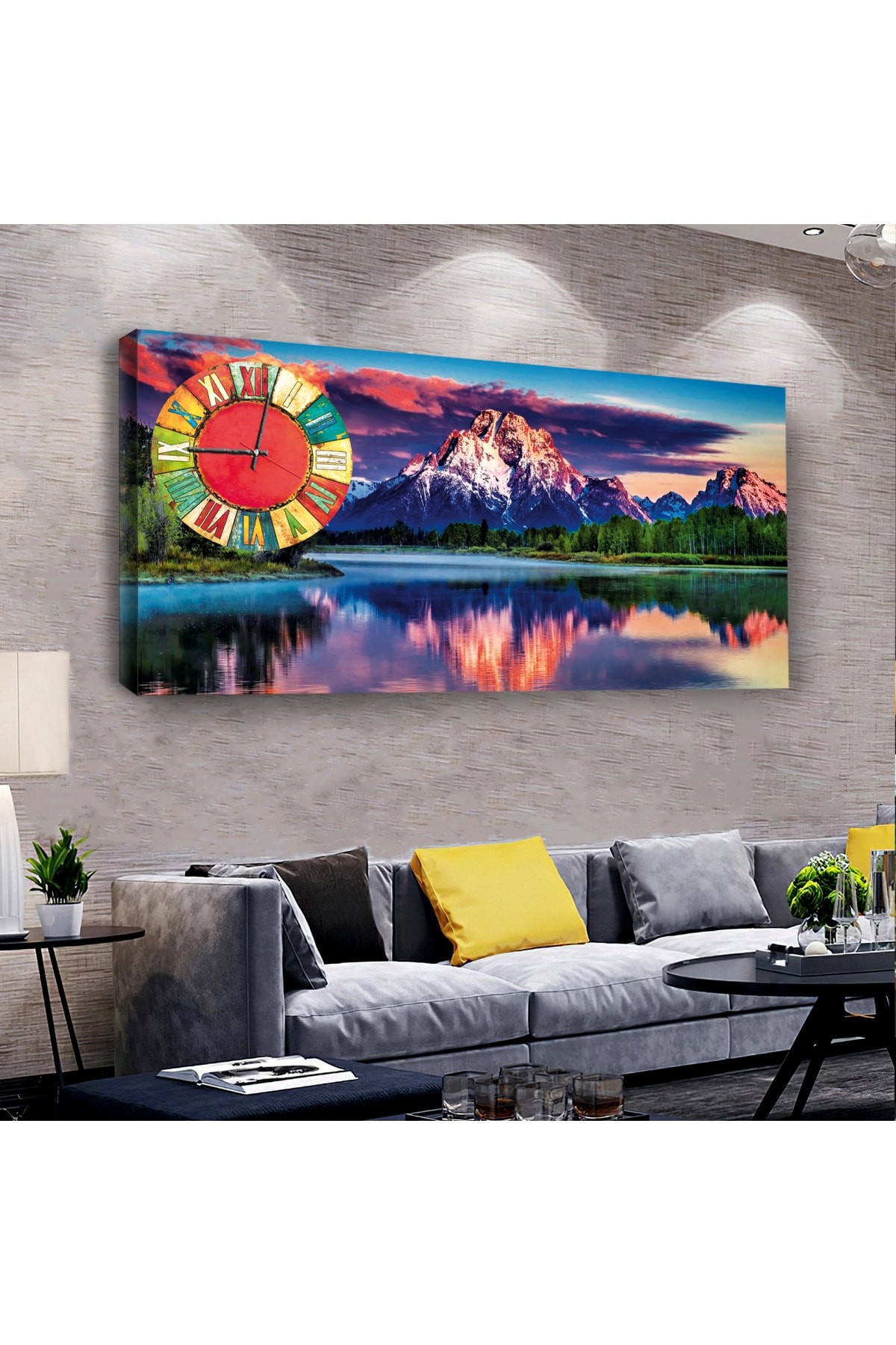 Ofis Tablosu Doğa Manzara saatliAhşap Şase Dijital Baskı Kanvas Tablo 120X60Cm