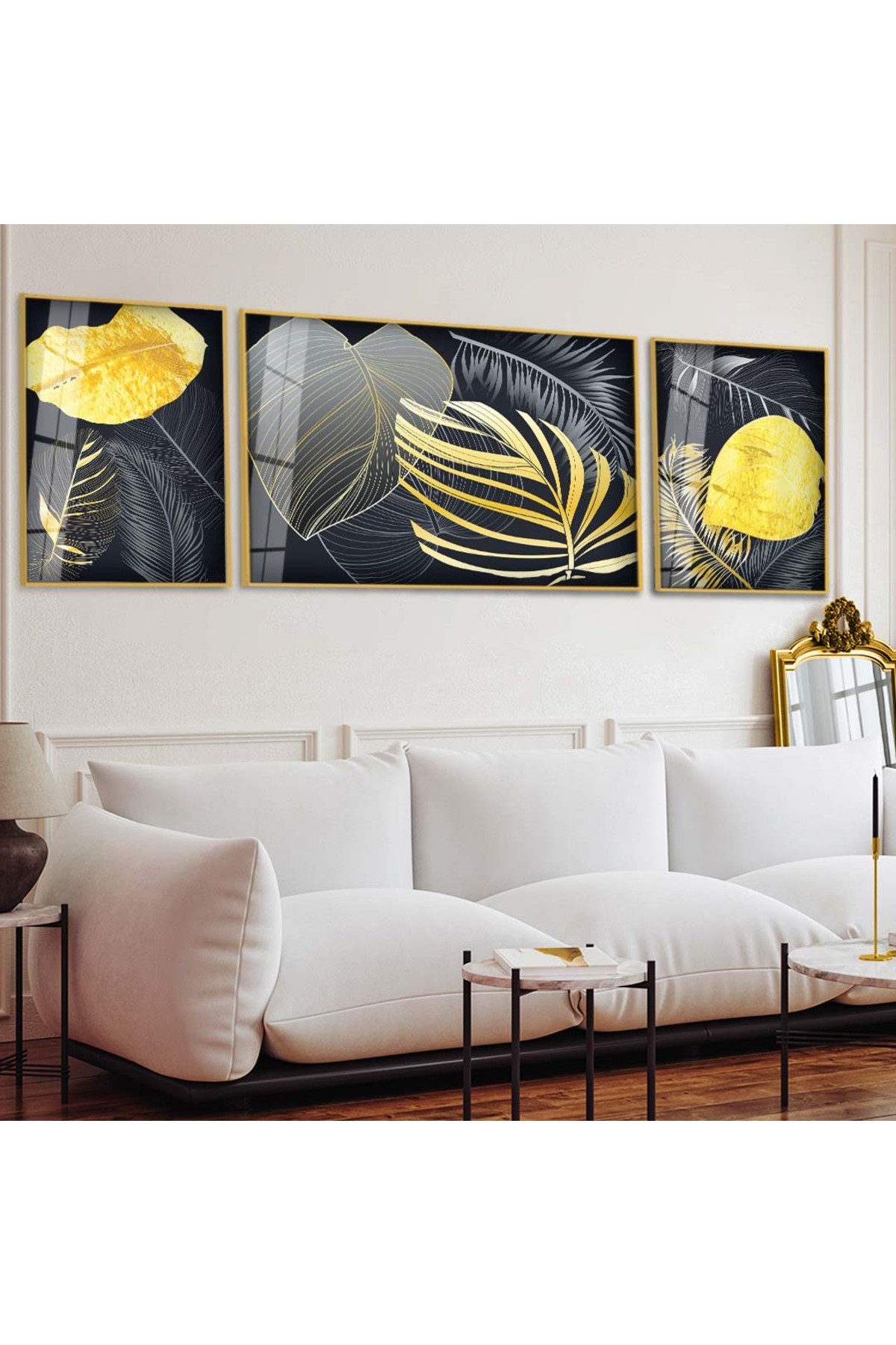 Canlı Modern Çizim Soyut Desen 3'Lü Metal Çerçeveli UV Baskı Kırılmaz Cam Tablo