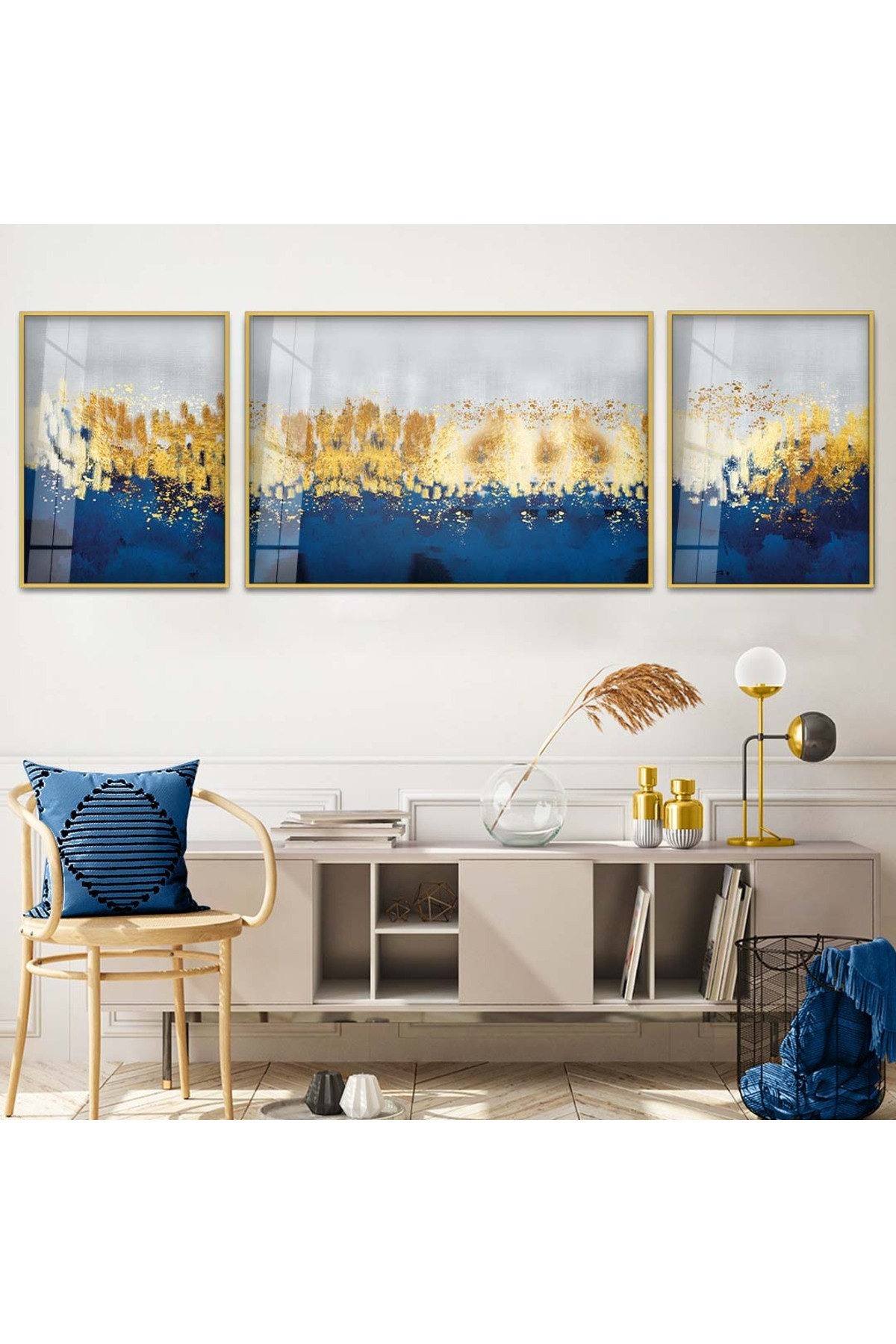 Modern Tasarım Çizim Soyut Desen 3'Lü Metal Çerçeveli UV Baskı Kırılmaz Cam Tablo