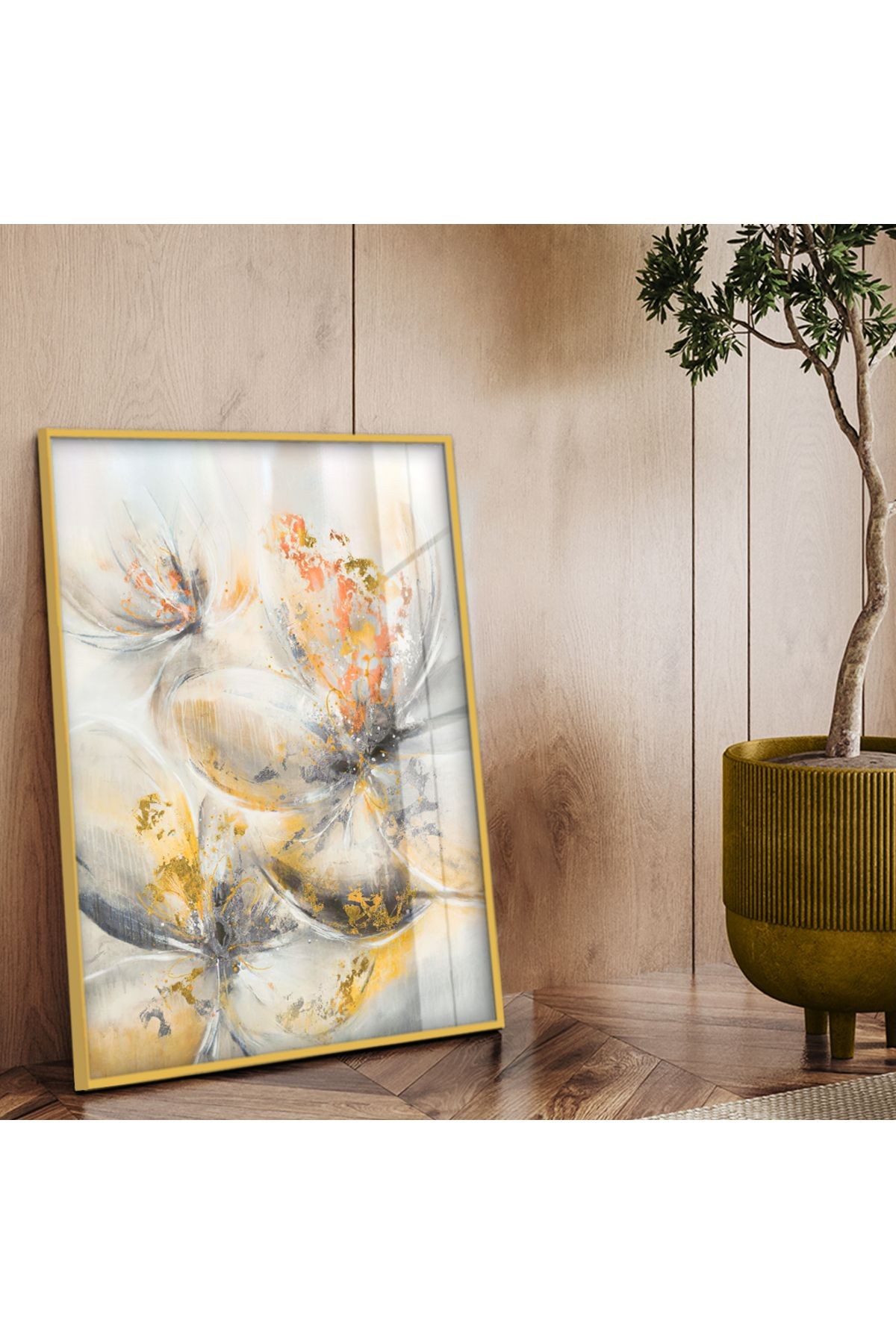 Gold Metal Çerçeveli Modern Çizim Çiçek Desen Kırılmaz Cam Tablo