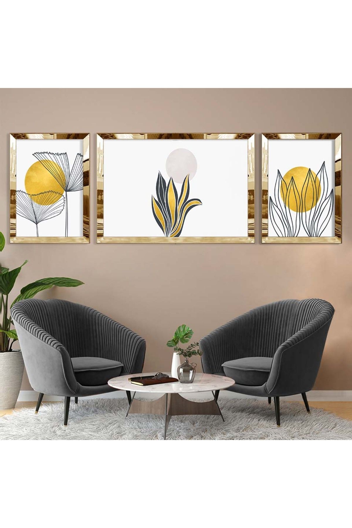 Gold Aynalı Pleksi Çerçeveli Üçlü Beyaz Arka Planlı Gold Yaprak Yaprak Desenli Mdf Tablo Seti