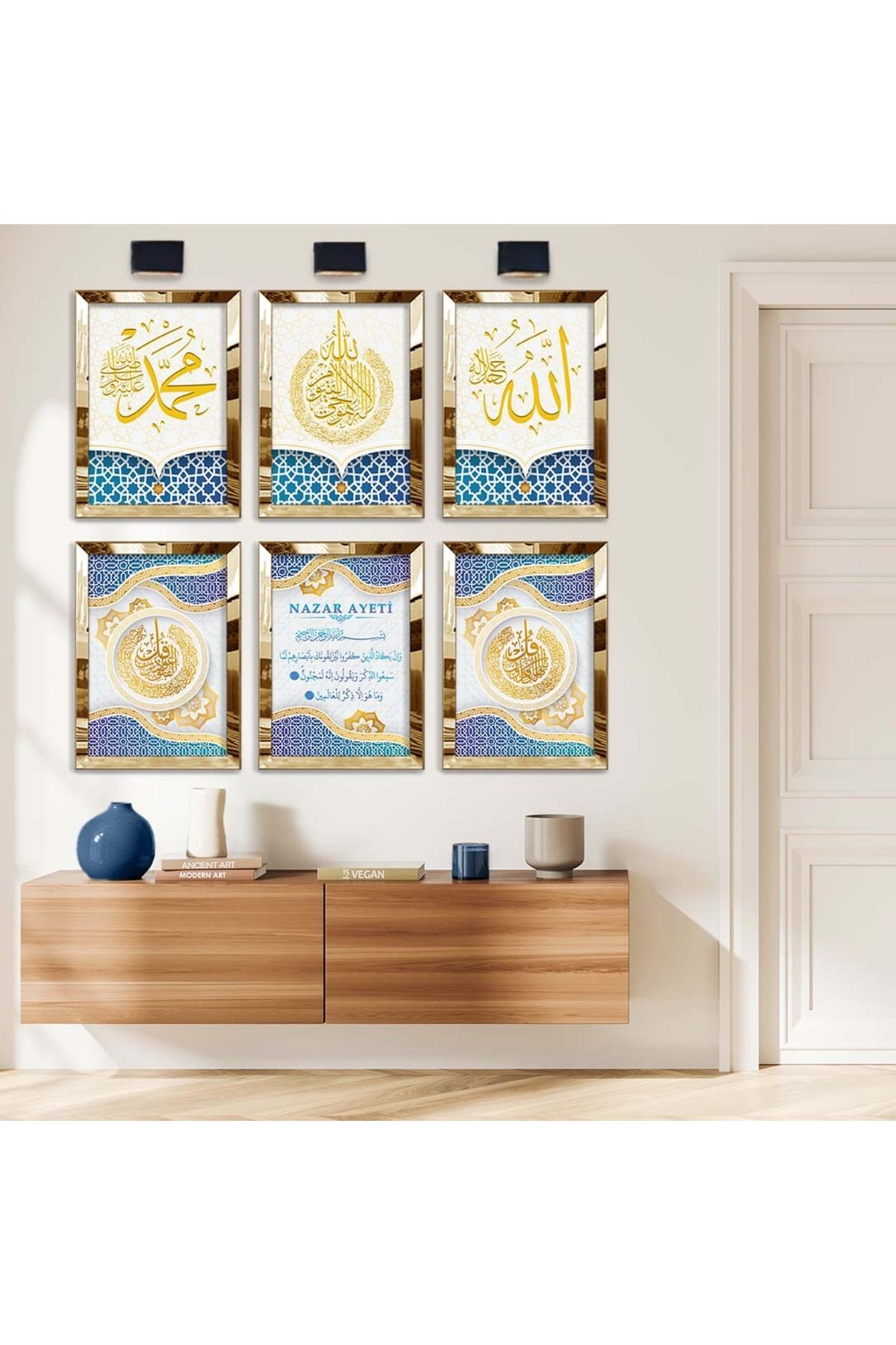 Gold Aynalı Pleksi Çerçeveli Nazar Ayeti Dini Model Altılı Mdf Tablo Seti