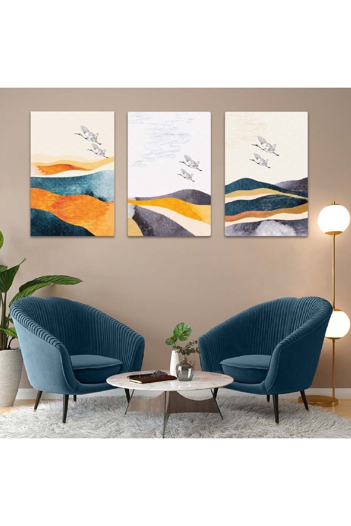 Göçebe Kuşlar Soyut Desen 3'lü Mdf Tablo Set