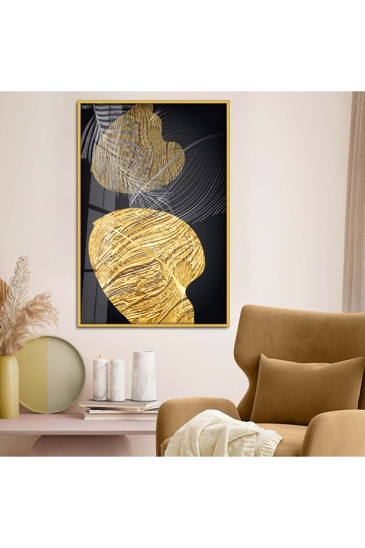 Gold Metal Çerçeveli Kolaj Çizim Yaprak Desen Kırılmaz Cam Tablo