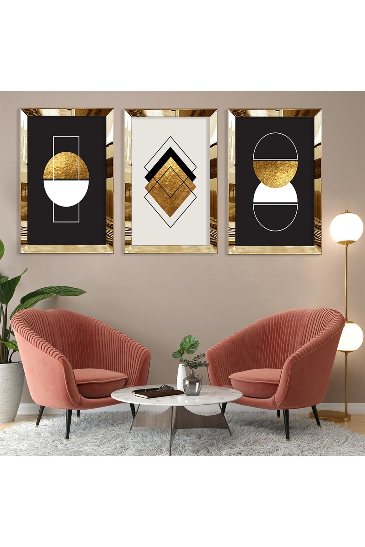 Soyut Desen Şekiller Gold Pleksi Kenar Üçlü Mdf Tablo Seti