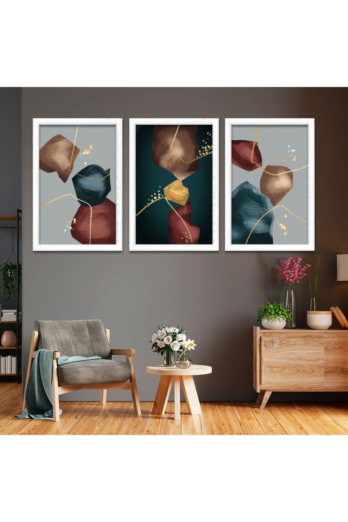 Beyaz Ahşap Çerçeveli Kolaj Çizim Modern Tablo