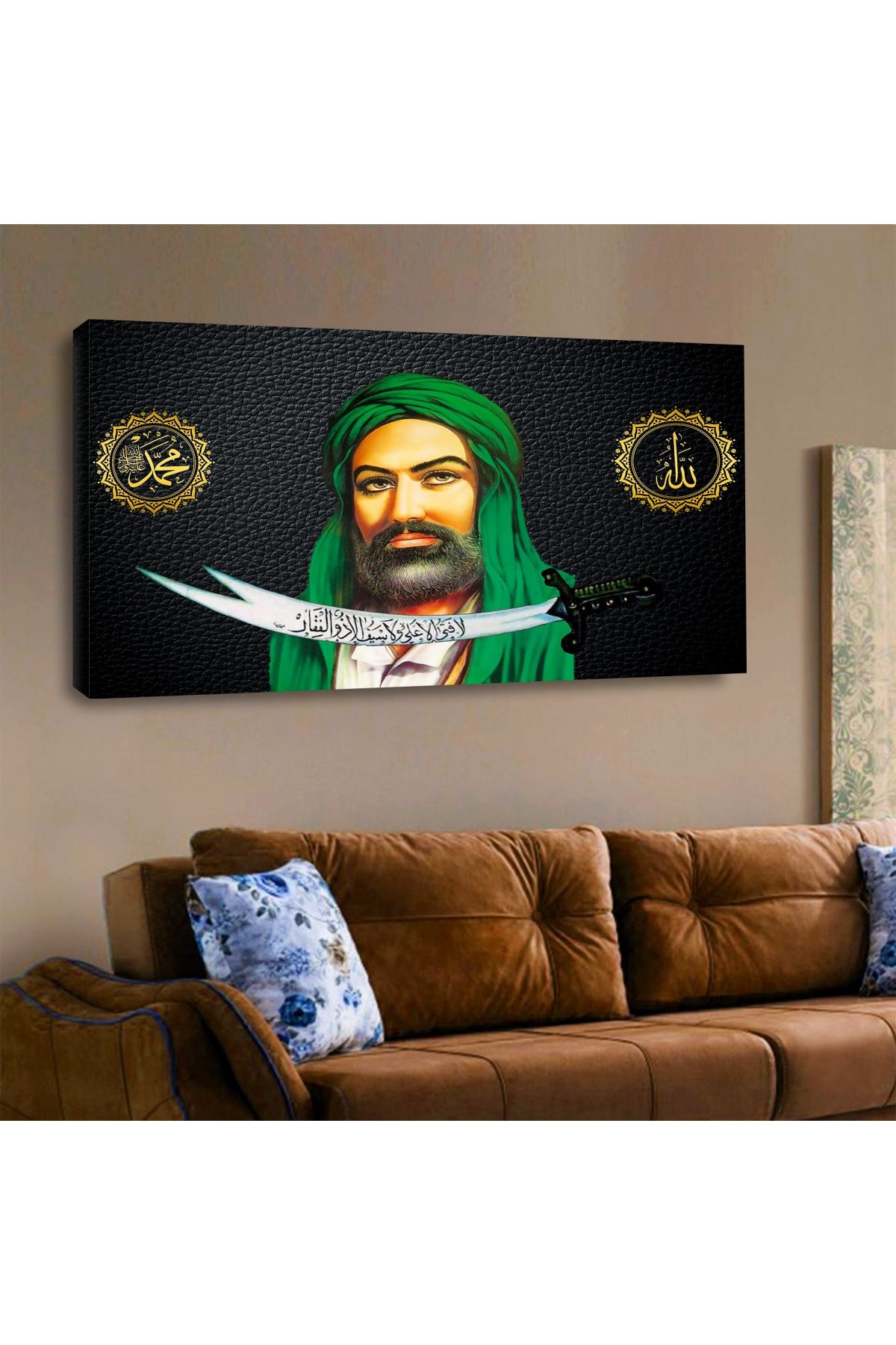 KANVAS SİYAH ARKA PLANLI HAZRETİ ALİ VE KILICI YATAY TABLO