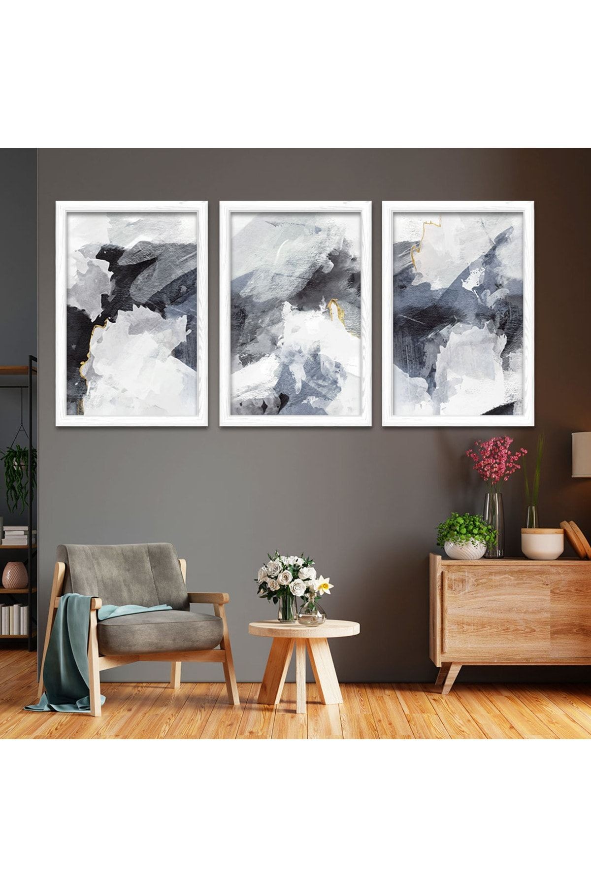 Beyaz Ahşap Çerçeveli Kolaj Çizim Modern Tablo
