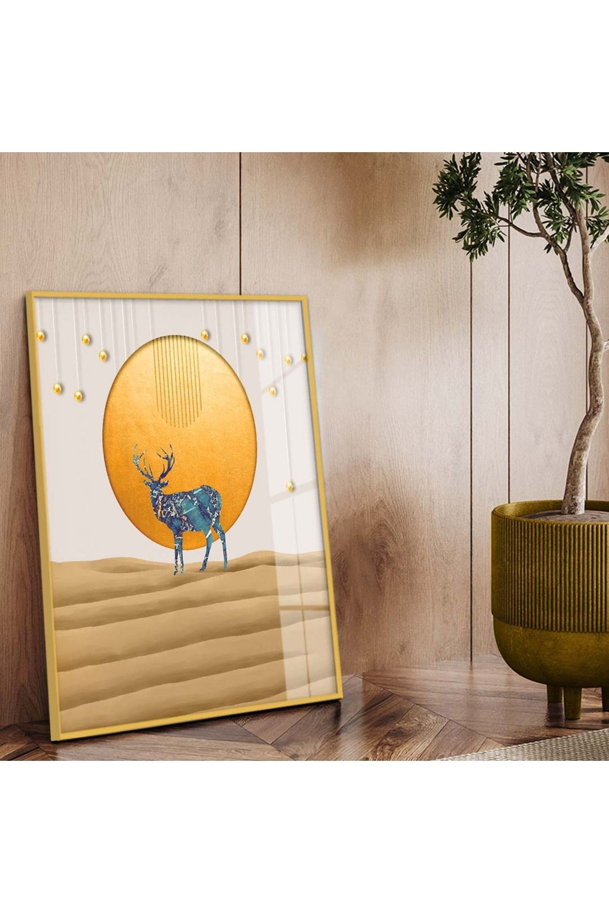 Gold Metal Çerçeveli Modern Çizim Geyik Tema Kırılmaz Cam Tablo