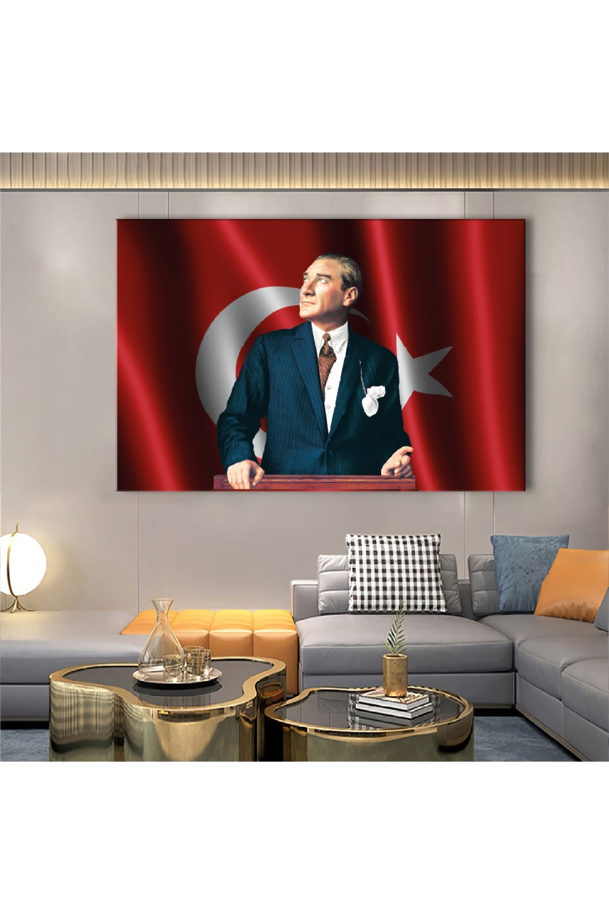 Başöğretmen Atatürk Ahşap Şase Dijital Baskı Kanvas Tablo 120X80Cm