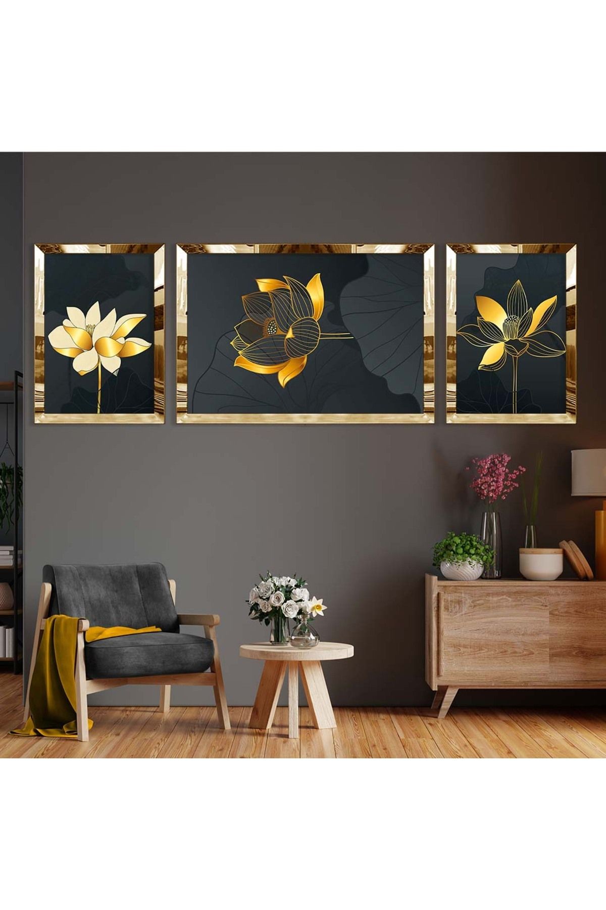 Gold Aynalı Pleksi Çerçeveli Üçlü Siyah Arka Planlı Çiçek Desenli Mdf Tablo Seti