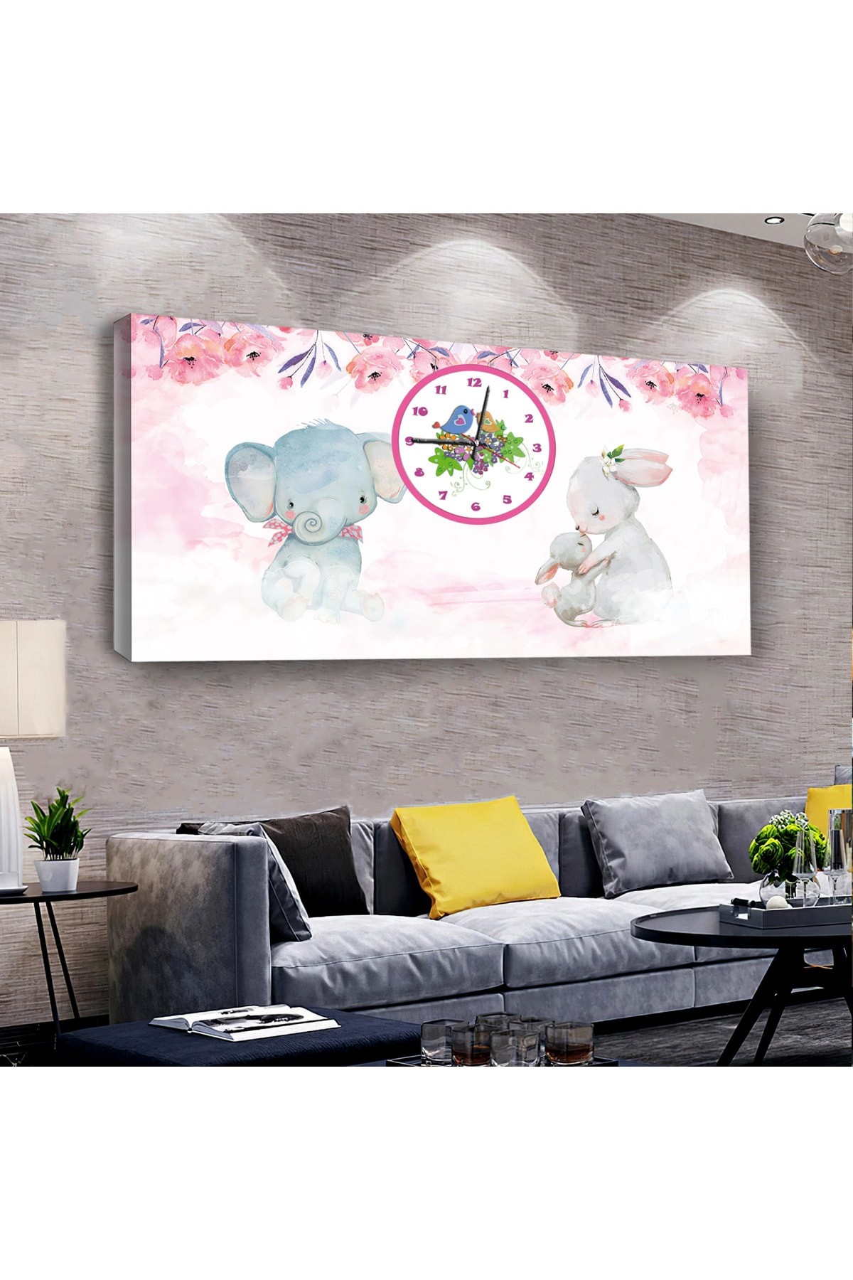 Ofis Tablosu Kız Çocuğu Odası saatliAhşap Şase Dijital Baskı Kanvas Tablo 100X50Cm