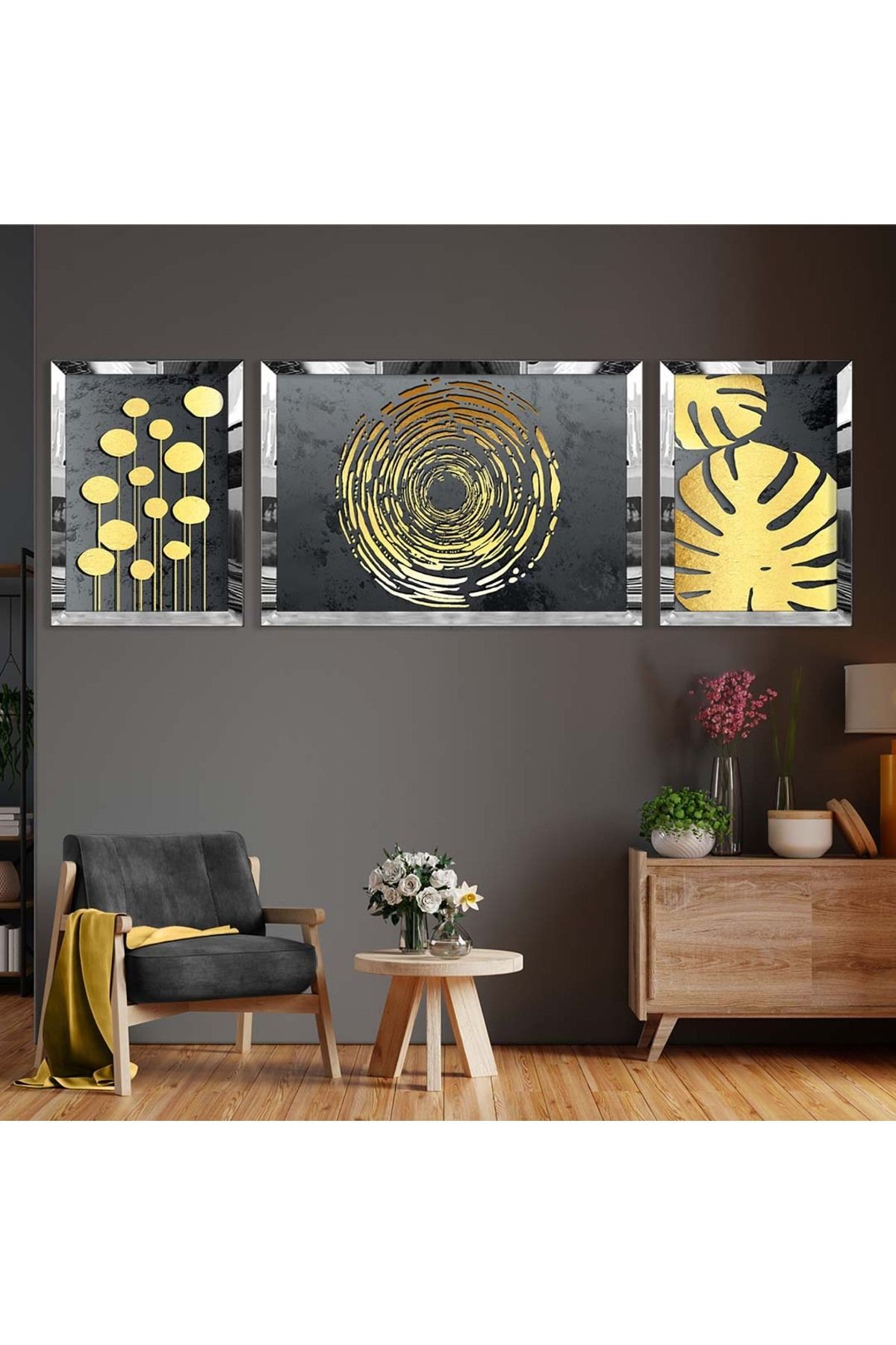 Gold Aynalı Pleksi Çerçeveli Üçlü Gri Arka Planlı Gold Desenli Mdf Tablo Seti