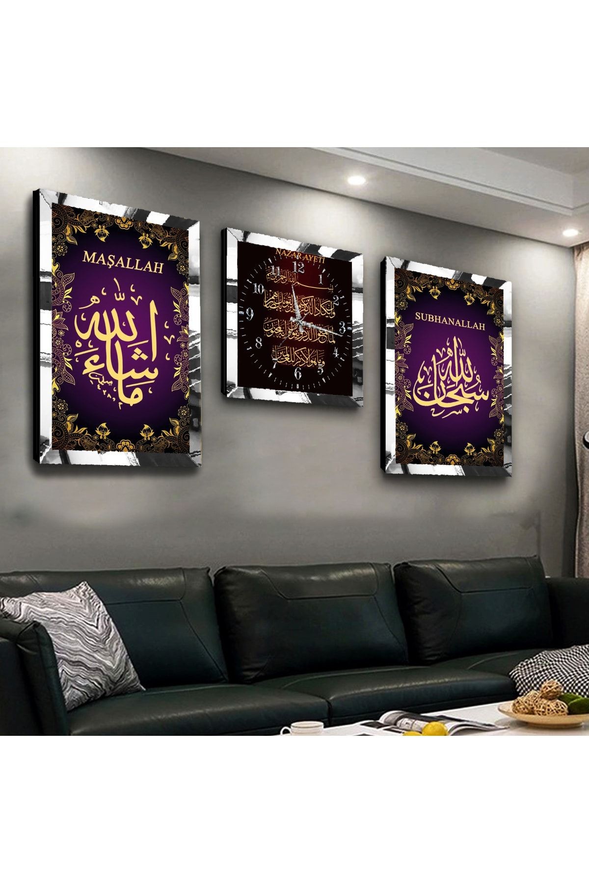Gold Aynalı Pleksi Çerçeveli Dini Üçlü Mdf Tablo Seti Ve Saat Seti