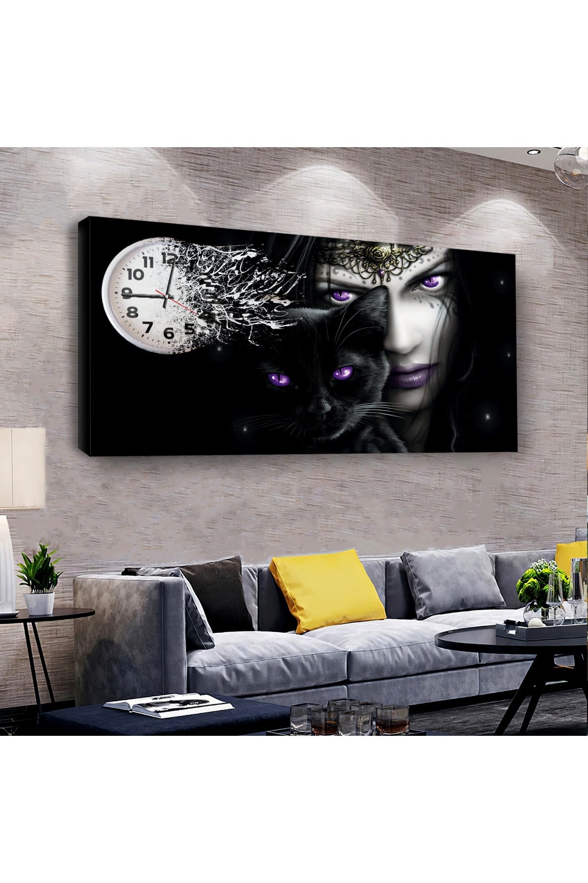Sanat Tablosu Kadın Yüzü saatliAhşap Şase Dijital Baskı Kanvas Tablo 100X50Cm
