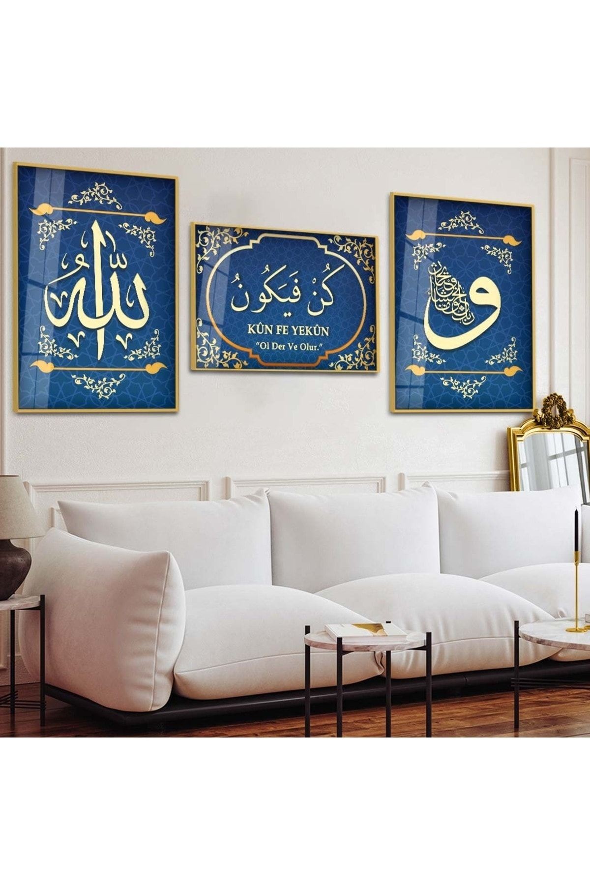Gold Metal Çerçeveli Kün Fe Yekün Dini Üçlü Kırılmaz Cam Tablo Seti