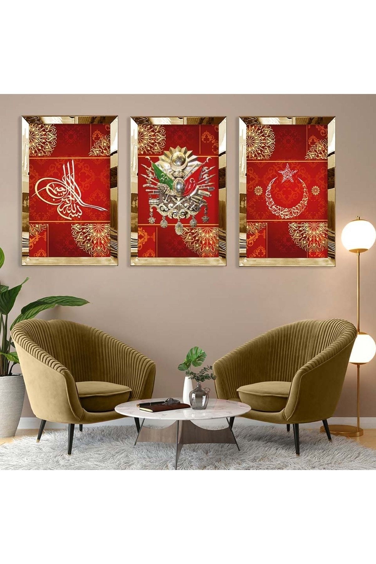 Gold Aynalı Pleksi Çerçeveli Üçlü Kırmızı Arka Planlı Gold Desenli Osmanlı Tuğrası Mdf Tablo Seti