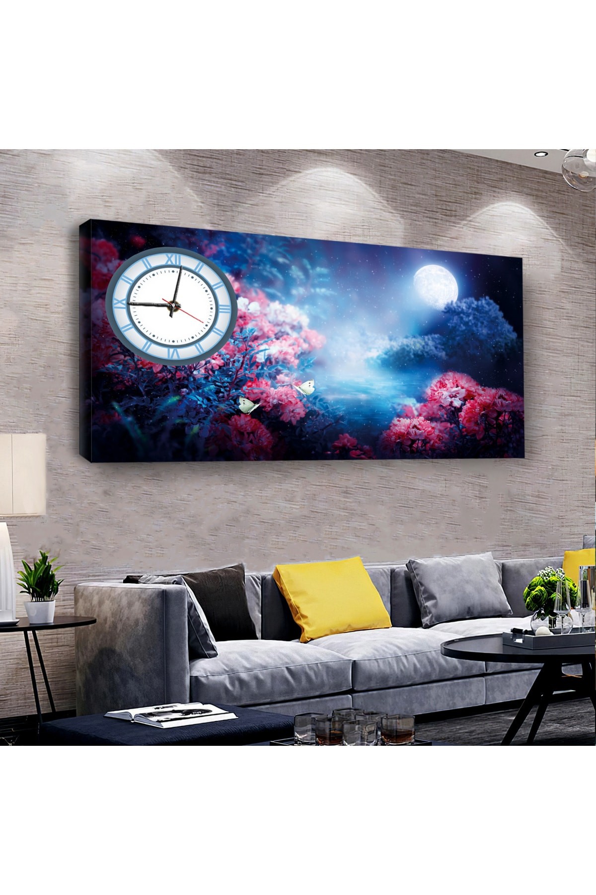 Minimalist Renkli saatliAhşap Şase Dijital Baskı Kanvas Tablo 100X50Cm