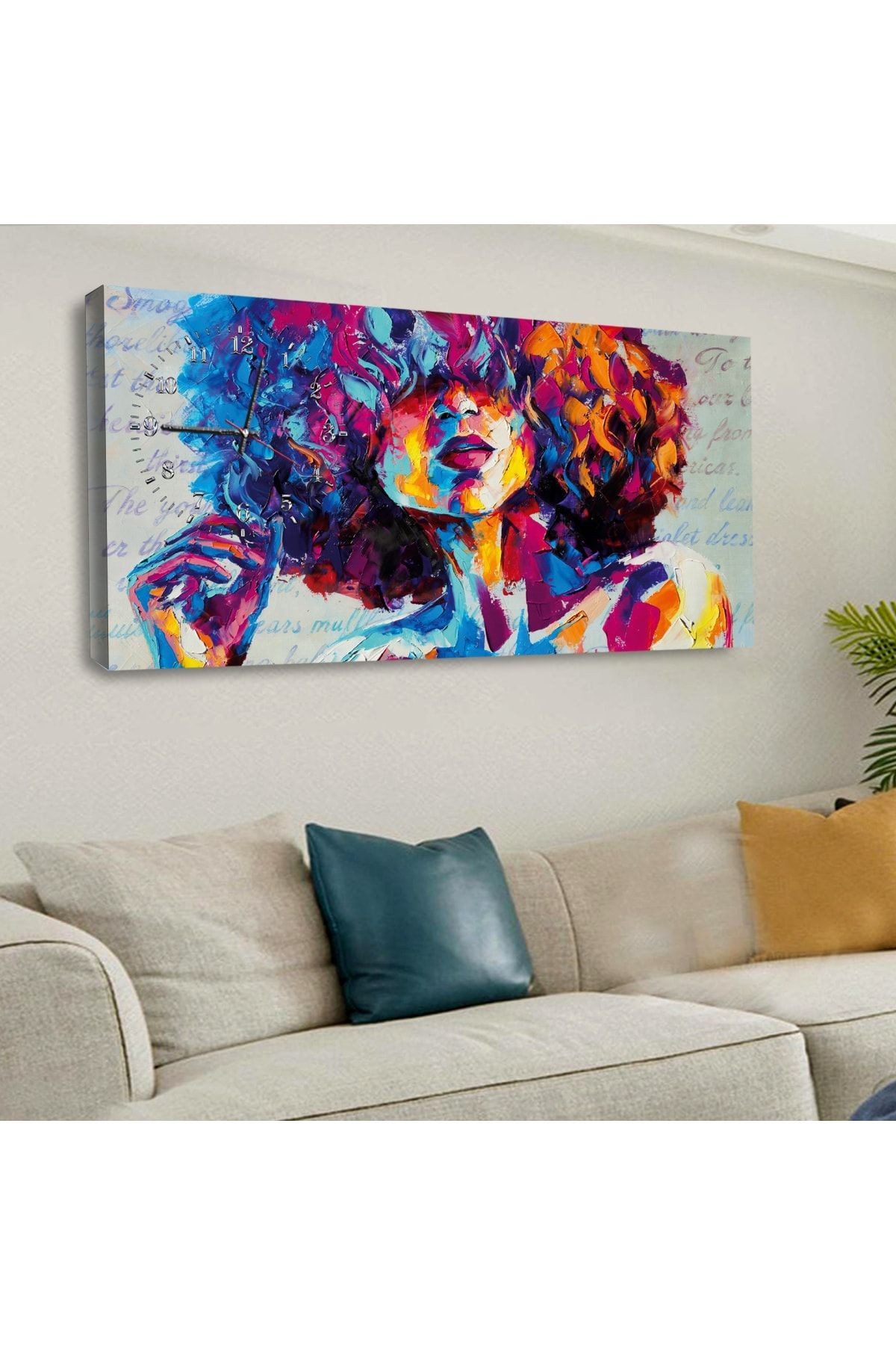 120 X 60 Saatli Kanvas Renkli Kadın Dini Tablo