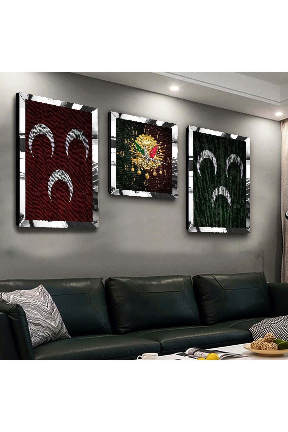 Gold Aynalı Pleksi Çerçeveli Osmanlı Tuğrası Ve 3hilal Üçlü Mdf Tablo Seti Ve Saat Seti