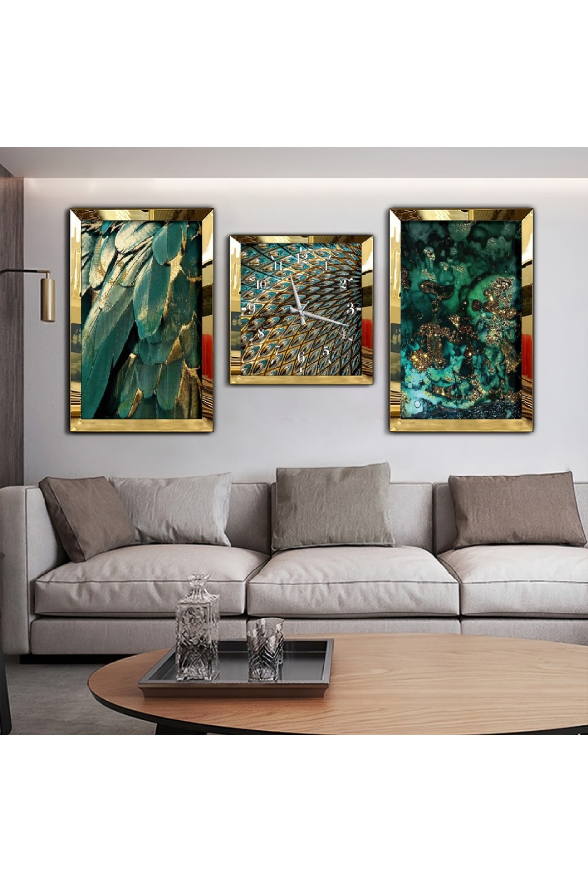 Yeşil Renkli Bitkiler Aynalı Gold Pleksi Çerçeveli Solmaz MDF Tablo Ve Saat Seti