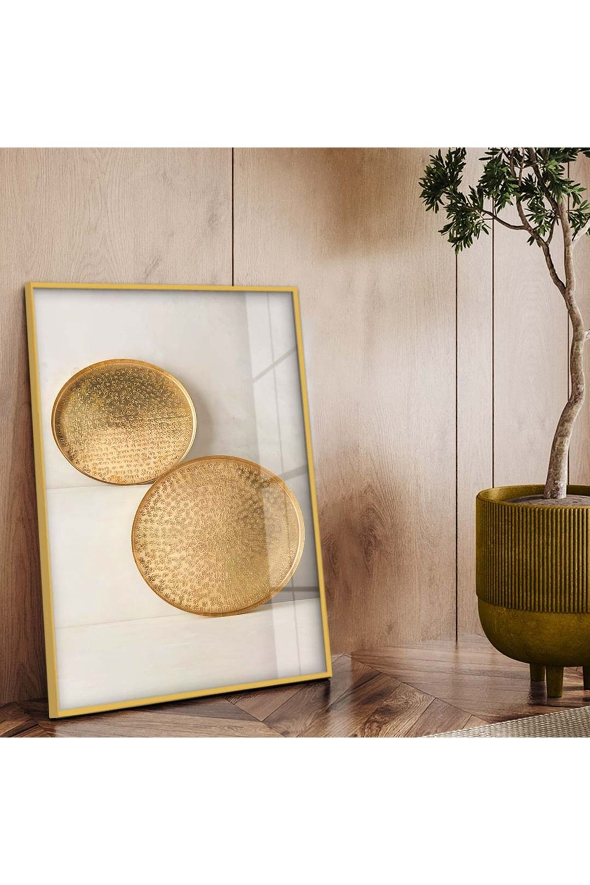 Gold Metal Çerçeveli Modern Çizim Soyut Tema Kırılmaz Cam Tablo