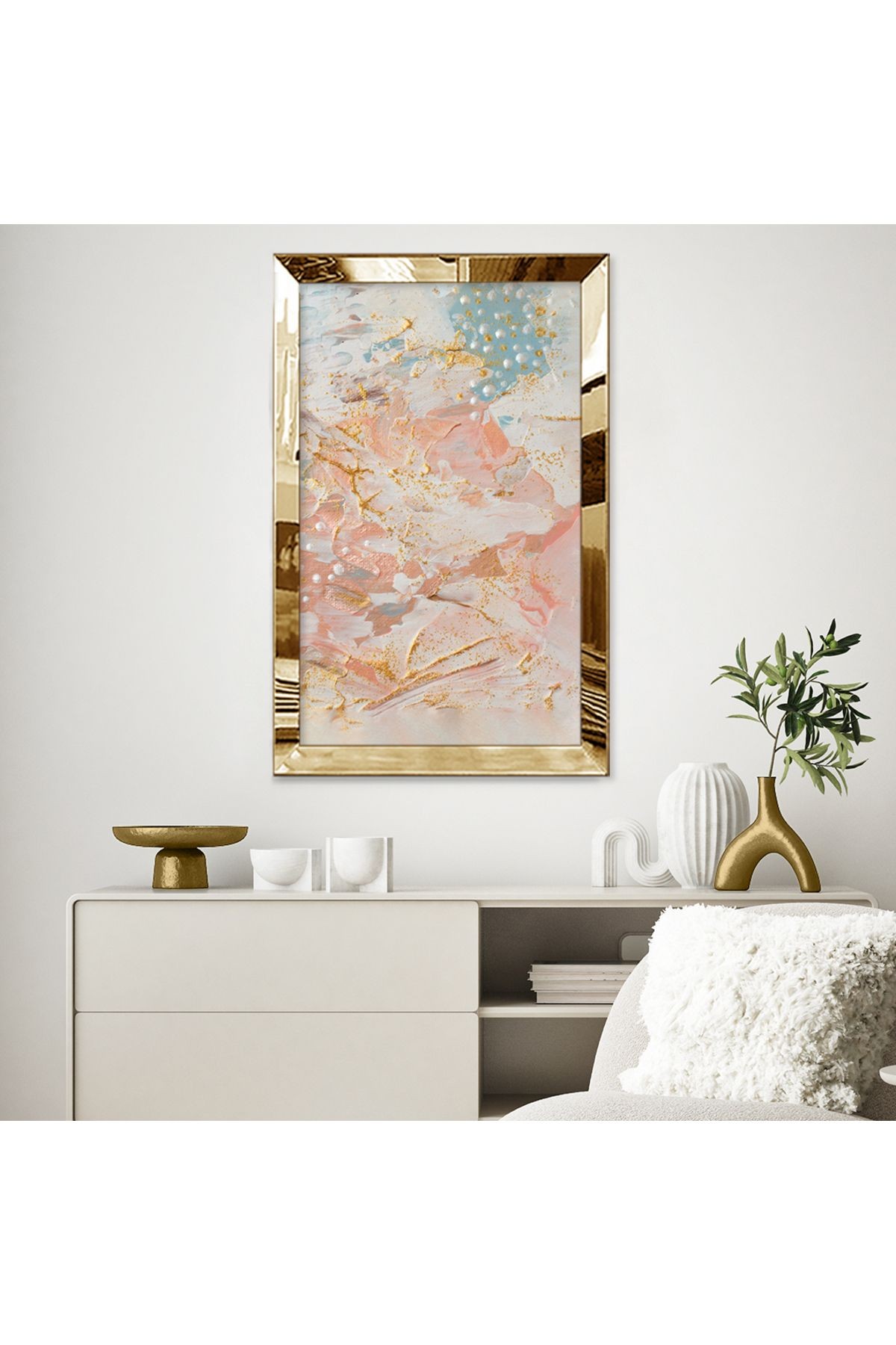 Gold Aynalı Pleksi Çerçeveli Incili Pastel Tonlarda Fırça Izli Soyut Tasarım Mdf Tablo