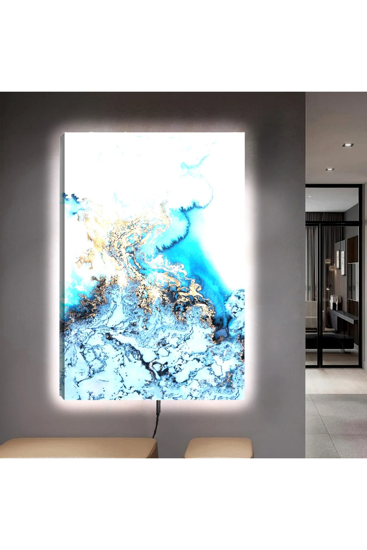 Canlı Ledli Mavi Modern Ahşap Şase Dijital Baskı Kanvas Tablo 90X60Cm