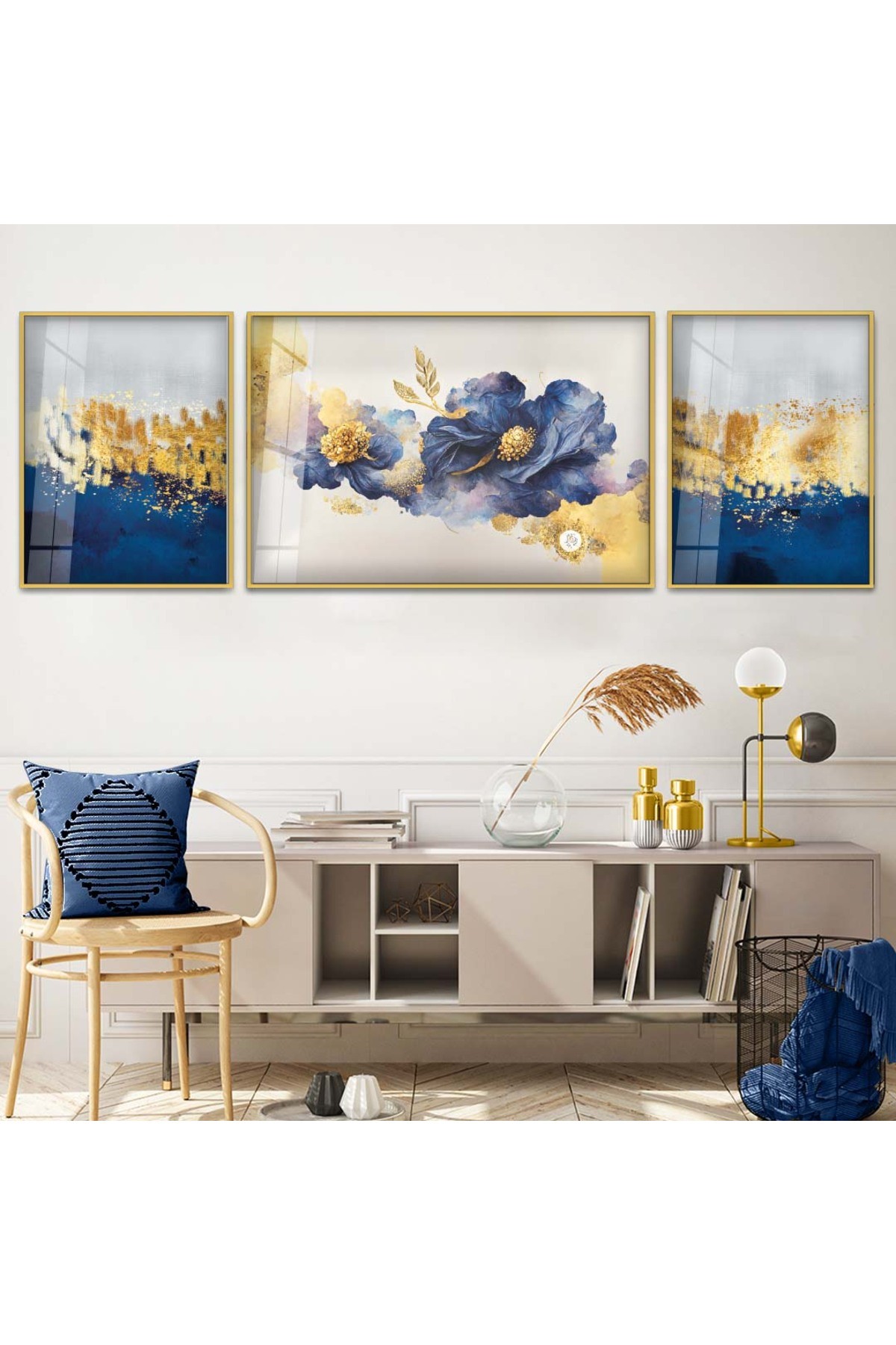 Modern Mavi Çiçek Soyut Desen 3'Lü Metal Çerçeveli UV Baskı Kırılmaz Cam Tablo