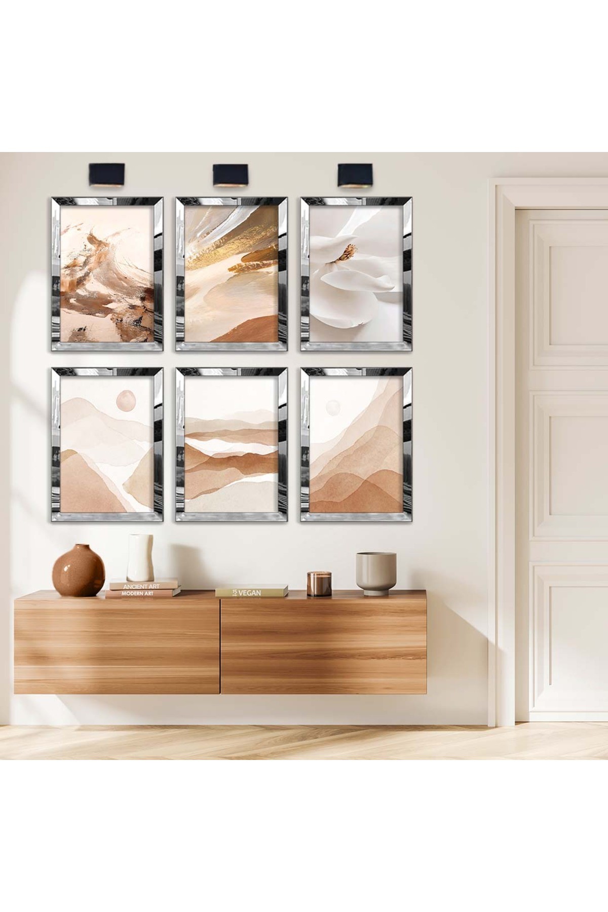 Beyaz Çiçek Ve Kolaj Çizim 6'Lı Pleksi Kenar Solmaz MDF Tablo Seti