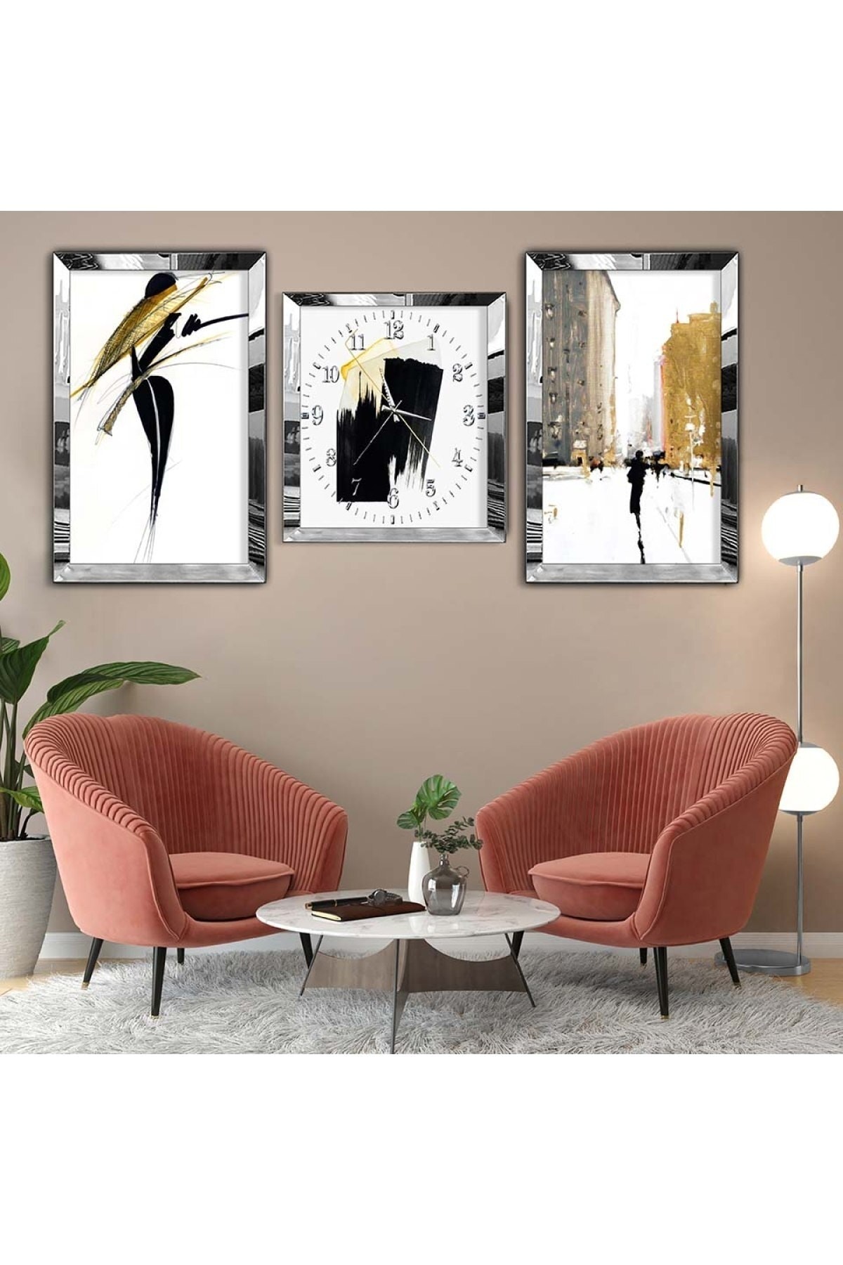 Modern Salon Tablosu Gold Pleksi Kenar 3'Lü MDF Tablo Saat Seti