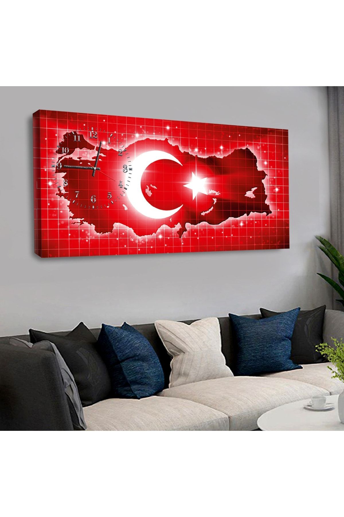 Kanvas Kırmızı Arka Planlı Türkiye Haritası Saatli Tablo