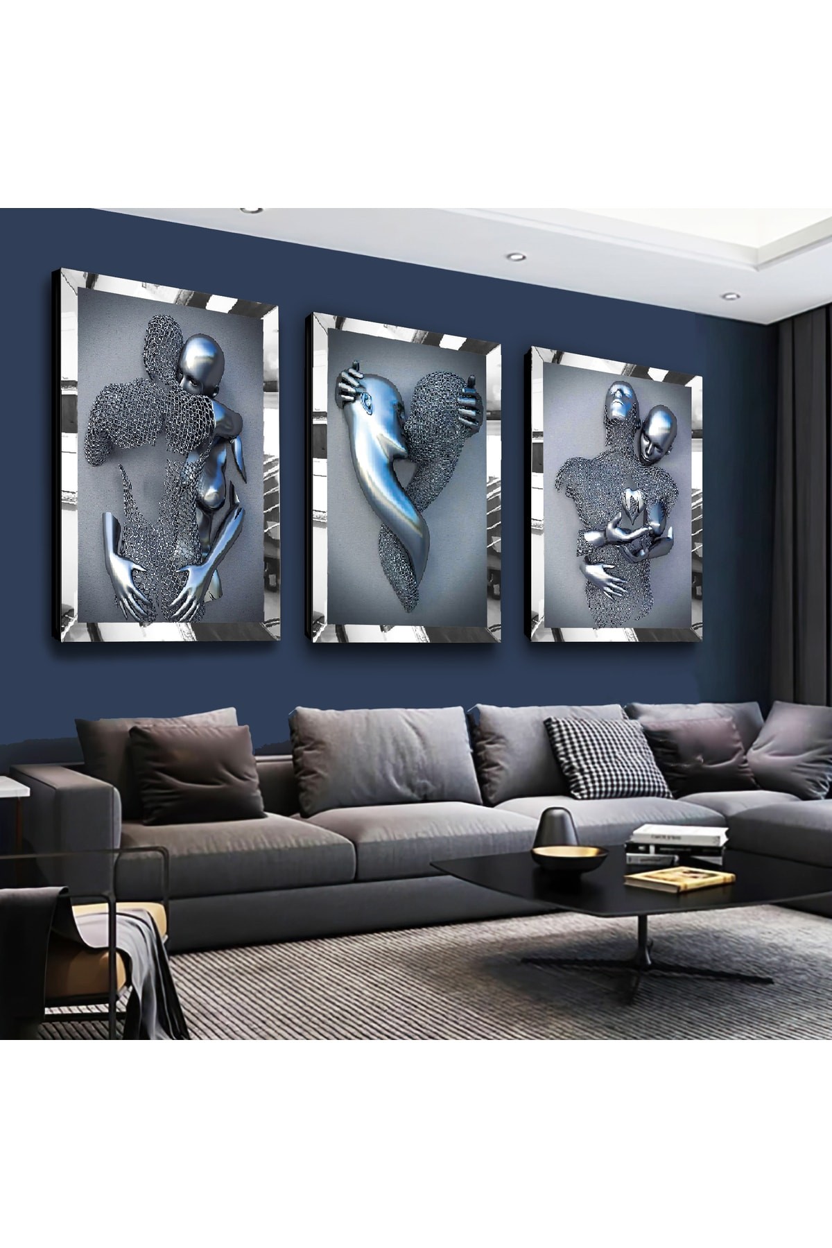 Sanat Modern Gold Pleksi Kenar 3'Lü Solmaz MDF Tablo Seti