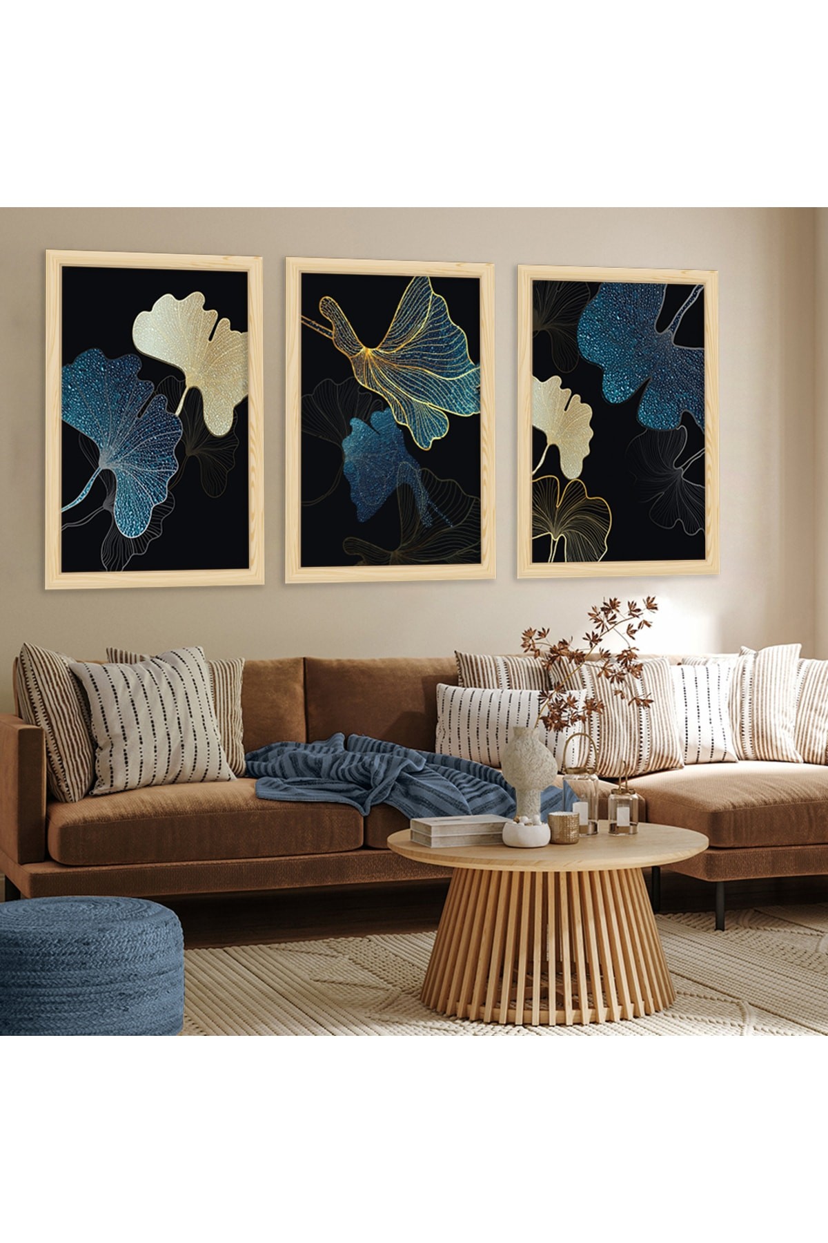 Canlı Minimalist Ahşap Çerçeveli Kolaj Çizim Çiçek Tablo
