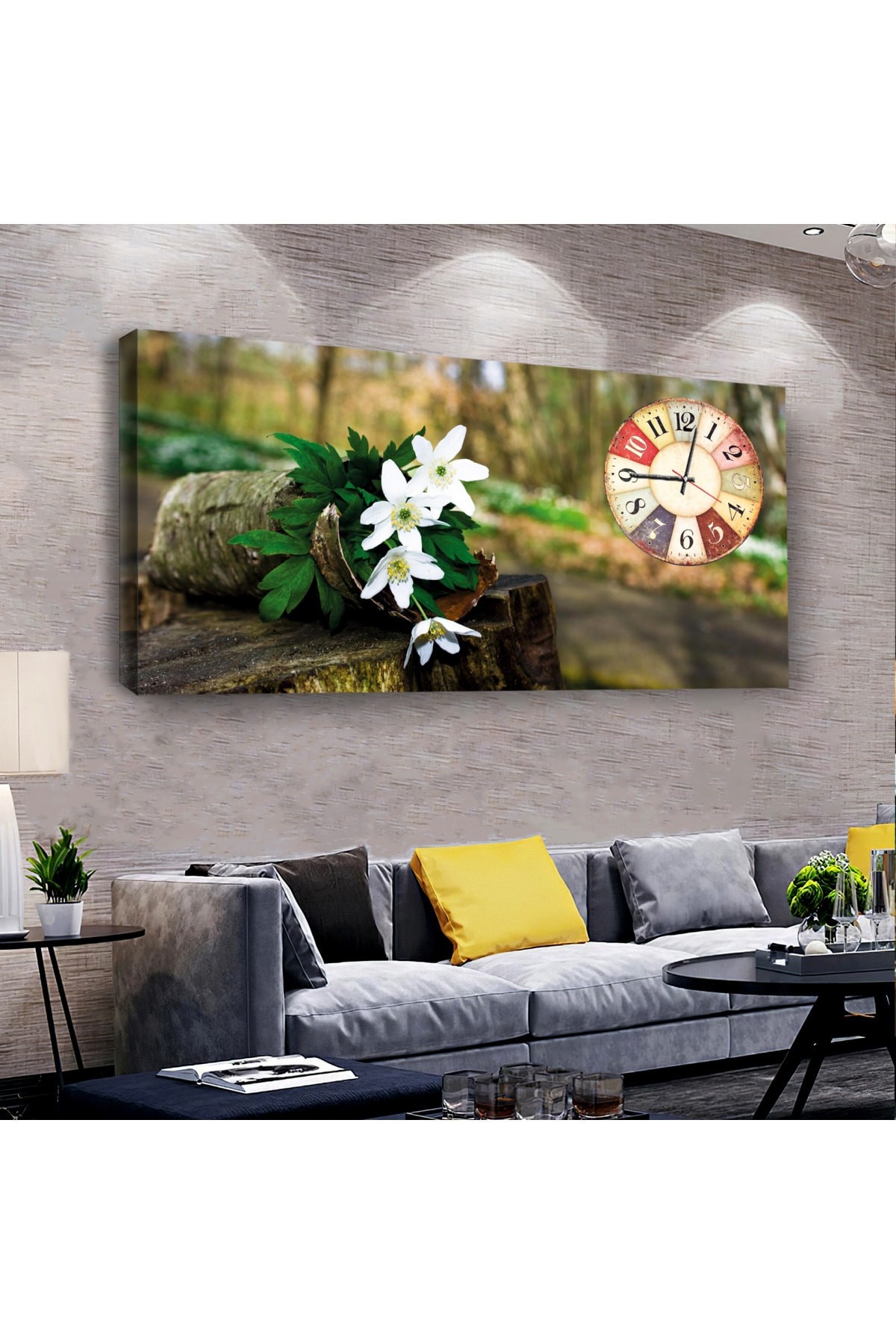 Renkli Beyaz Çiçek saatliAhşap Şase Dijital Baskı Kanvas Tablo 120X60Cm