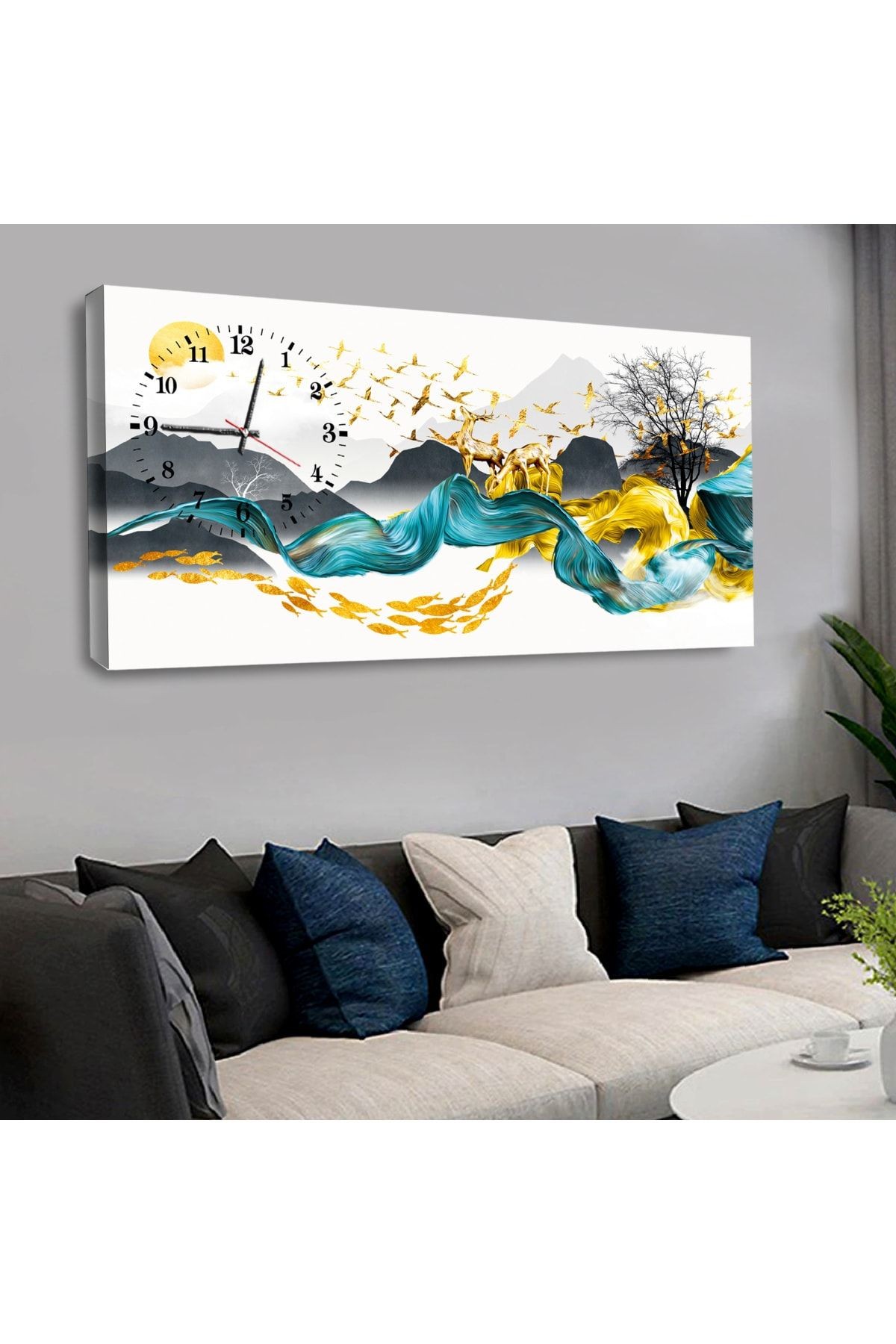 120 X 60 Saatli Kanvas Dağ Manzara Tablo