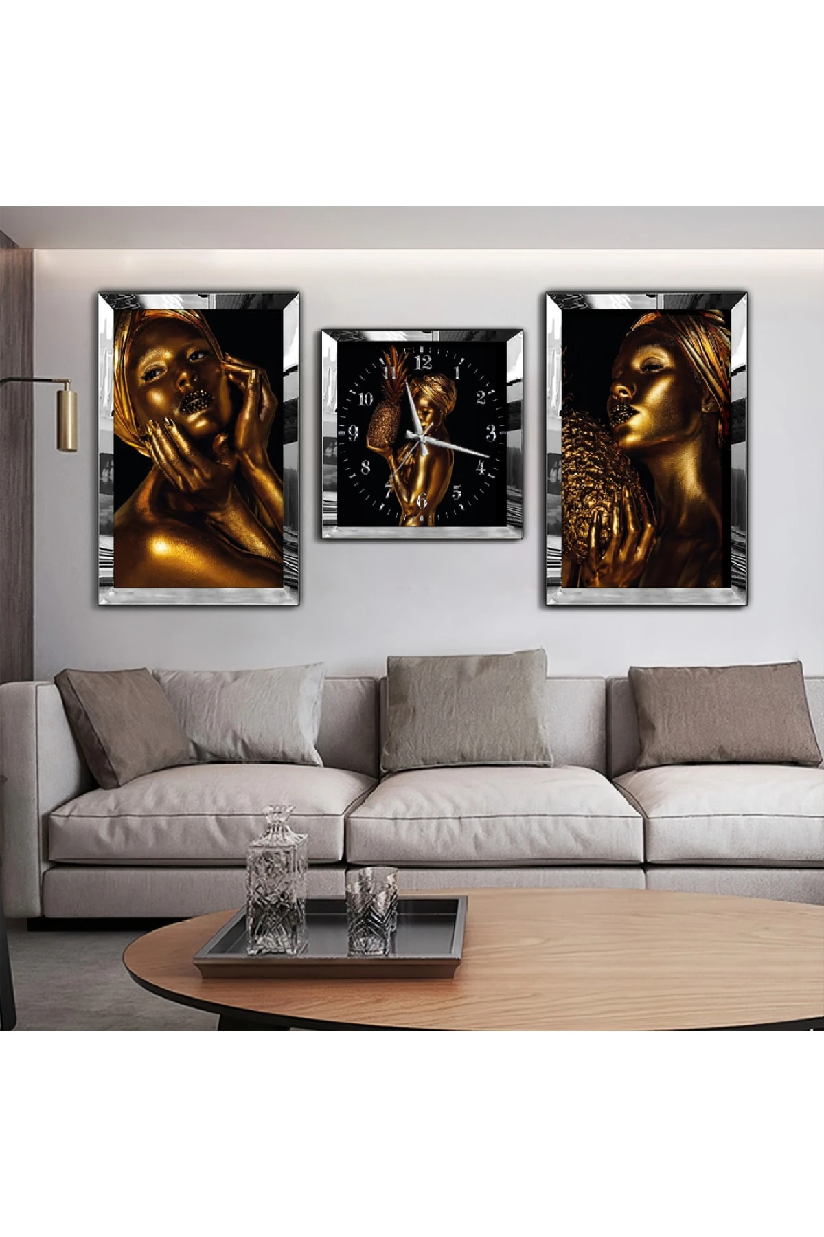 Altın Kız Aynalı Gold Pleksi Çerçeveli Solmaz MDF Tablo Ve Saat Seti