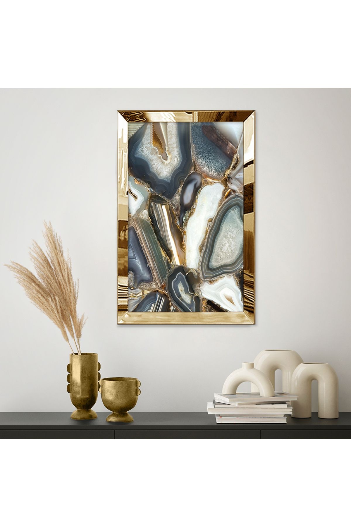 Gold Aynalı Pleksi Çerçeveli Modern Siyah Beyaz Gri Mermer Desenlili Soyut Çizim Mdf Tablo